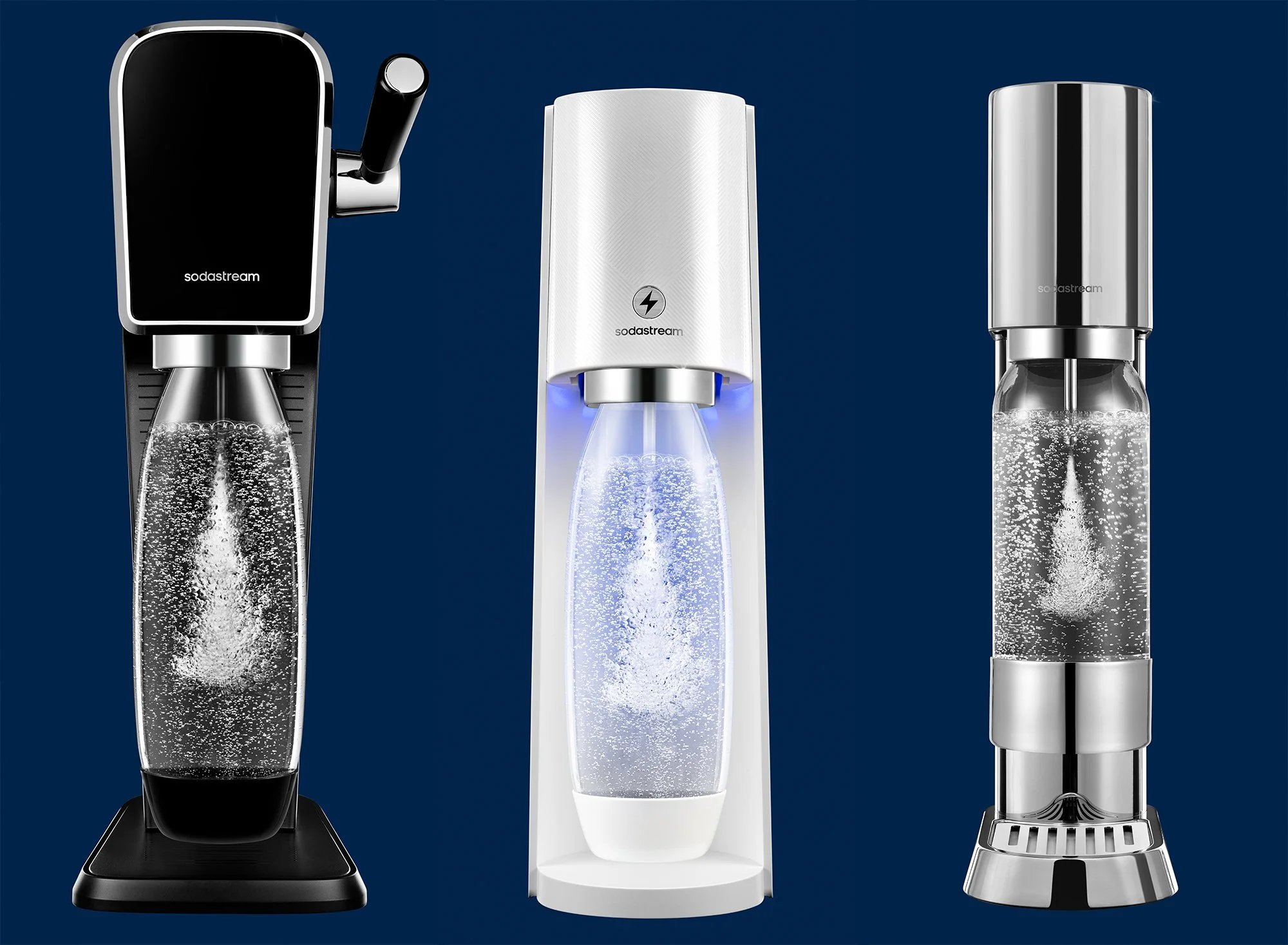 Three soda stream machines in black, white, and silver colors, with bottles of carbonated water, against a dark blue background.