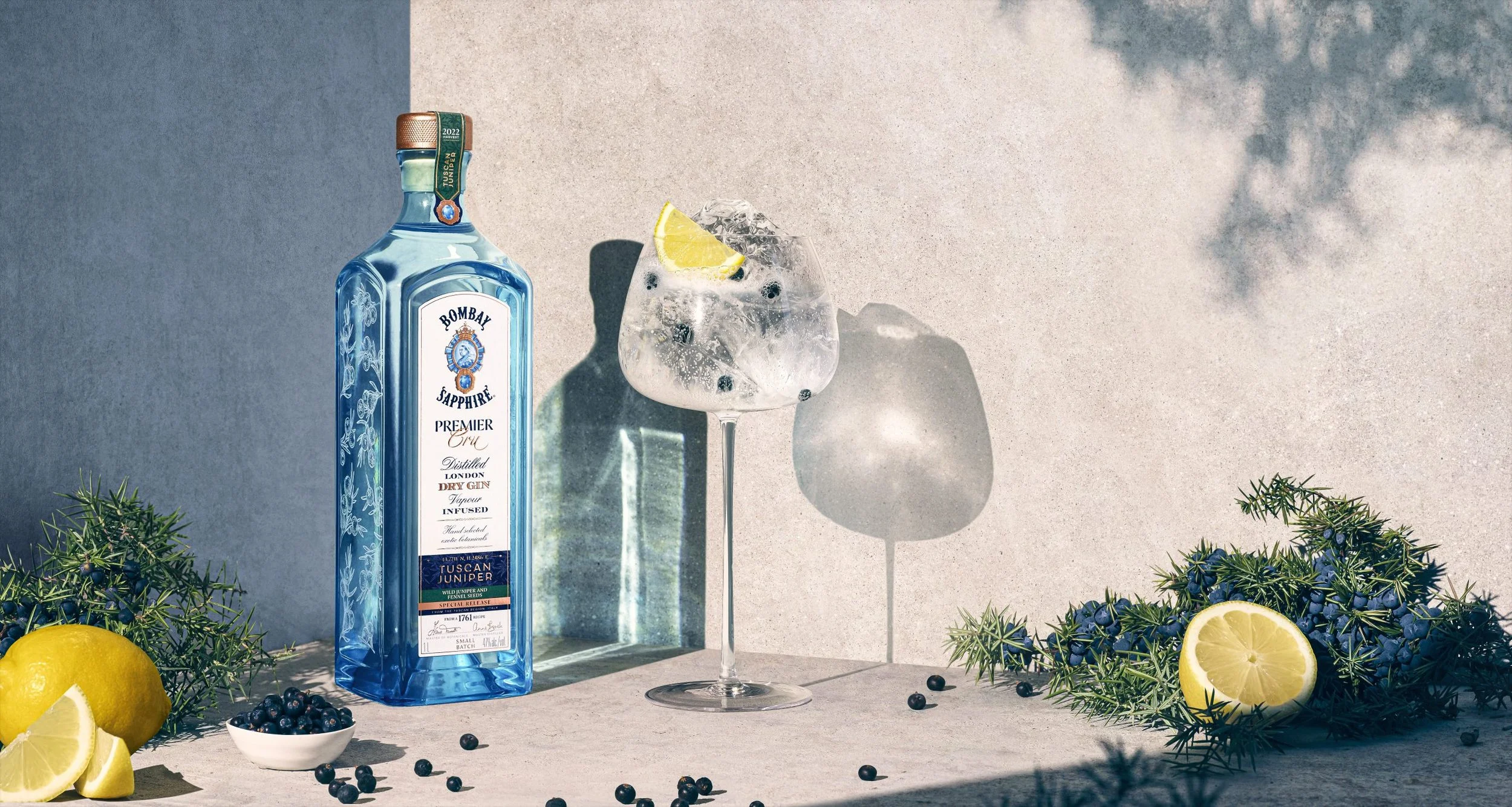 A bottle of Bombay Sapphire gin, a cocktail glass with ice and lemon wedge, scattered blueberries and lemon slices, and green foliage with small blue berries on a light-colored surface.