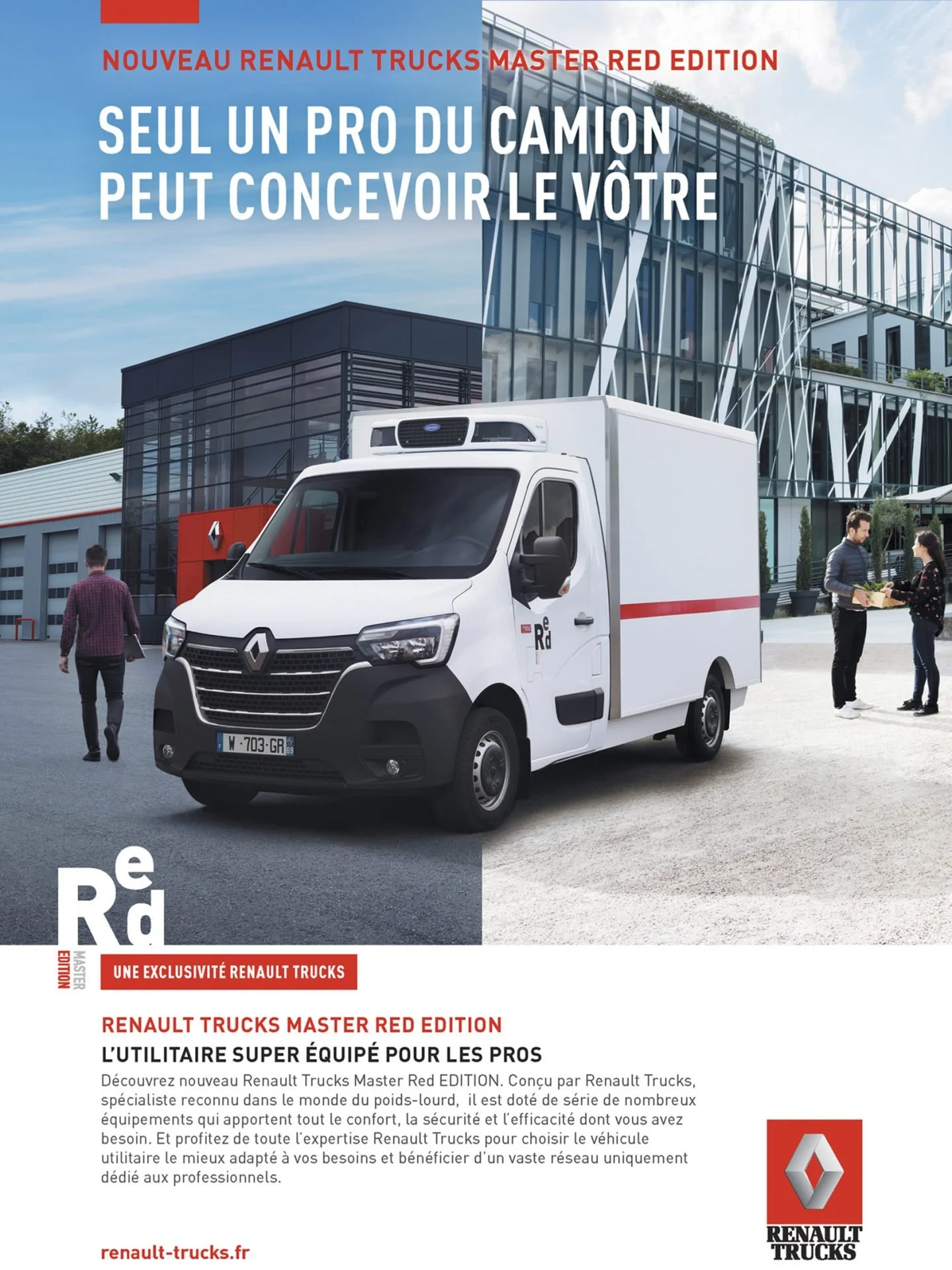 A Renault Trucks Master Red Edition utility van parked outdoors in front of a modern building, with people walking and conversing nearby, part of an advertisement for Renault Trucks.