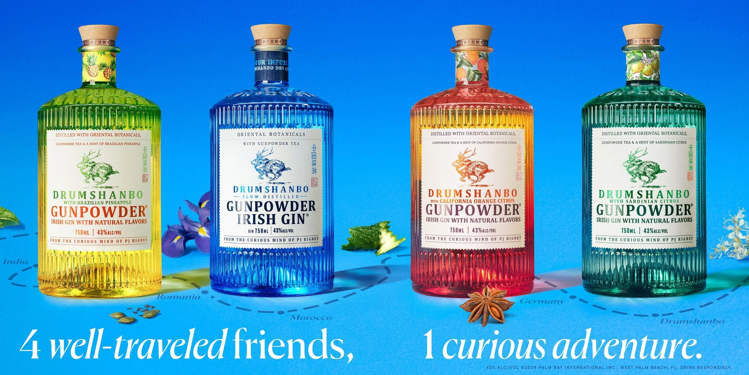 Four colorful bottles of Drumshanbo Irish gin flavors on a blue background, each with different labels and aromas, with star anise, lemon, and flowers around them.