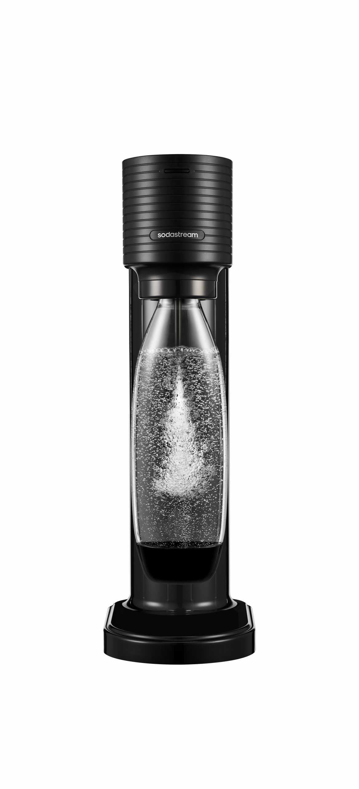 A soda maker with a black exterior, pouring sparkling water into a glass bottle against a black background.