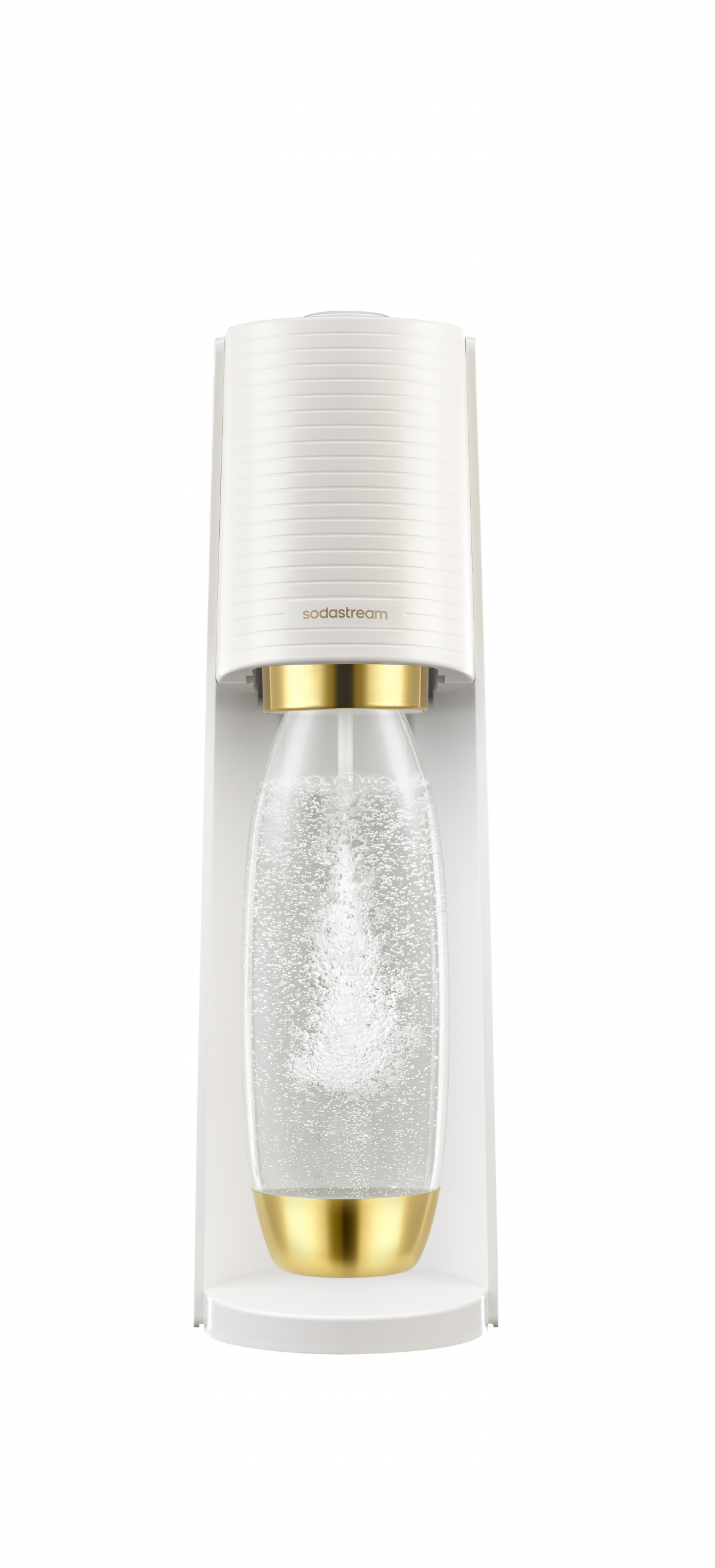 A SodaStream sparkling water maker dispensing bubbles into a glass bottle with gold accents, set against a black background.