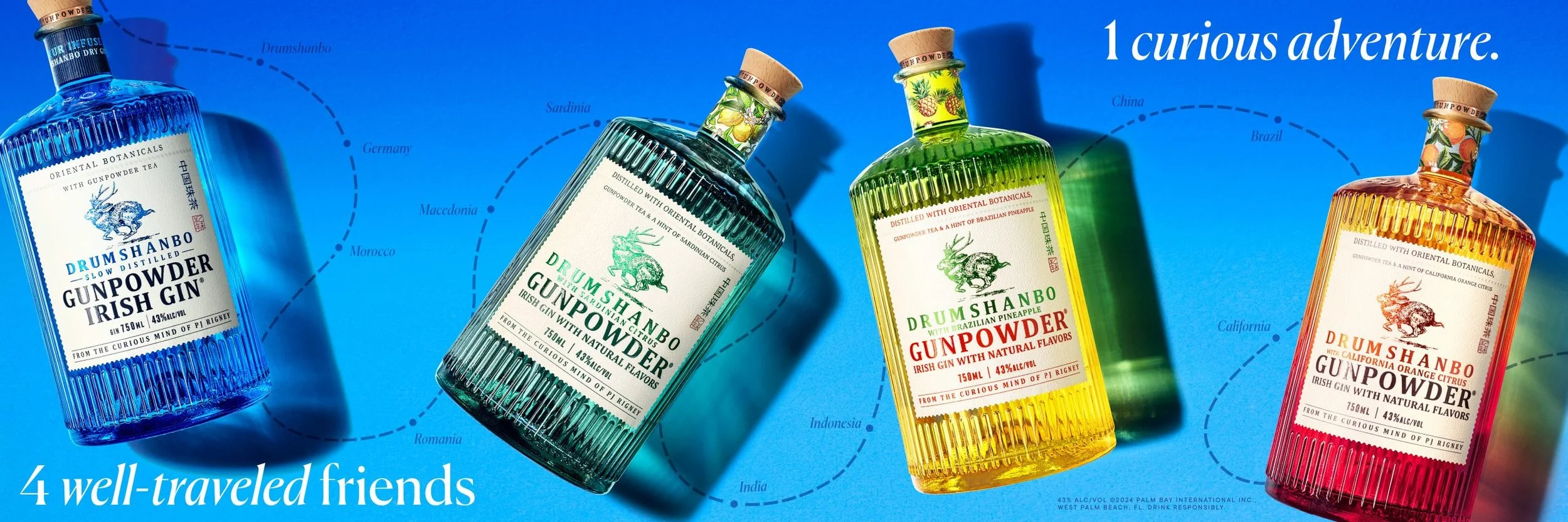 Four colorful bottles of Drumshanbo Gunpowder Irish Gin, each with a different flavor, placed on a blue background with a world map and the text '4 well-traveled friends' and '1 curious adventure'.