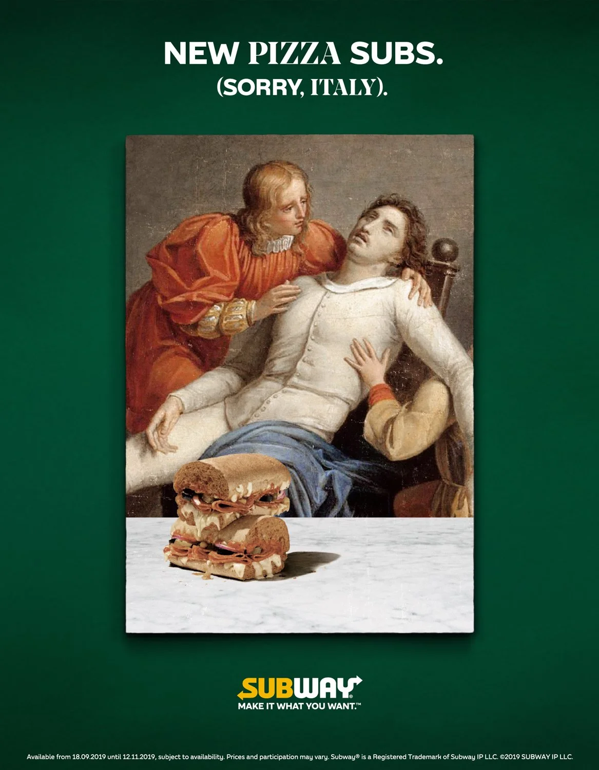 Subway advertisement featuring a classical painting of Jesus Christ with a woman looking over him, with two sandwich images placed at the bottom of the painting. Subway logo and tagline "MAKE IT WHAT YOU WANT" below the image.