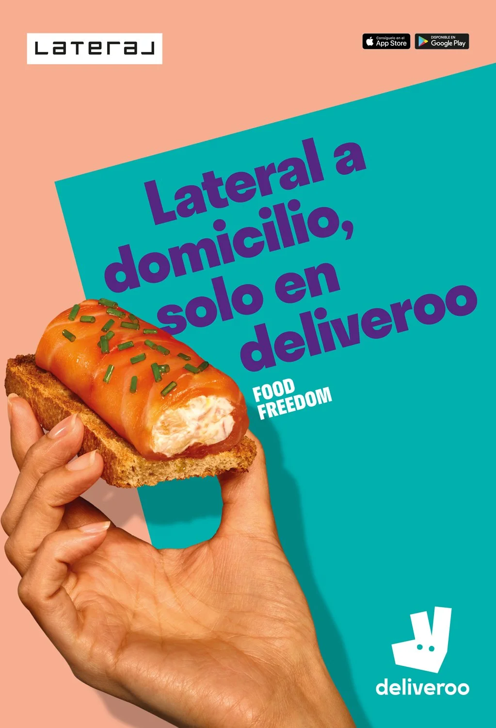 A person holding a toasted bread with a cream-filled snack on top. The background features colorful geometric shapes with text promoting delivery services and food freedom.