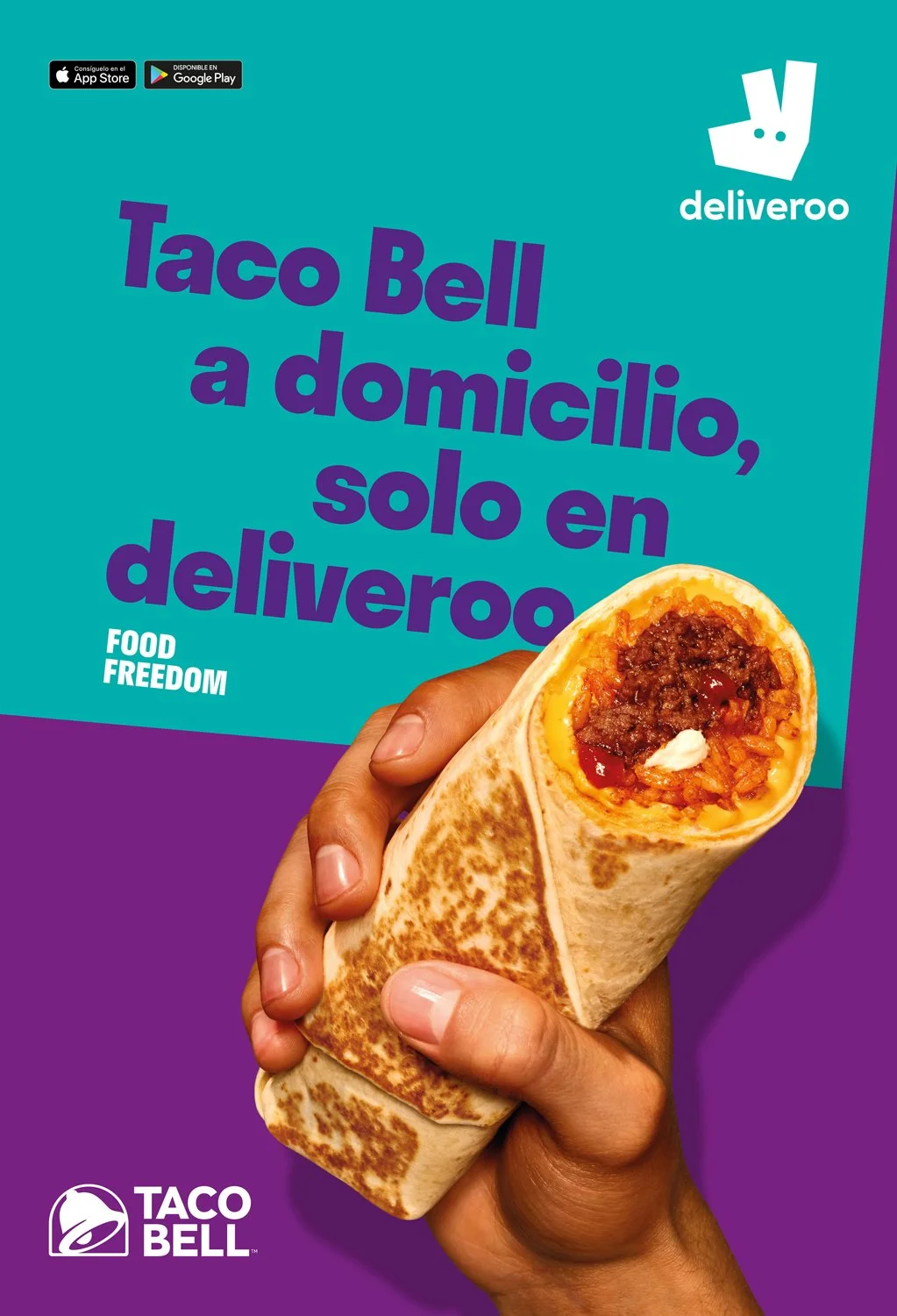 A promotional flyer advertising Taco Bell's home delivery service through Deliveroo, featuring a hand holding a burrito with visible beef, rice, and sauce, against a vibrant background with logos of Taco Bell, Deliveroo, and app store options.
