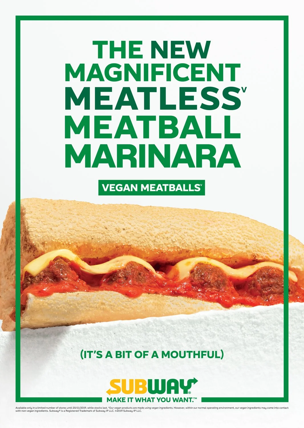Subway advertisement for vegan meatless meatballs in a sandwich with marinara sauce and cheese, with green text highlighting the product and tagline.