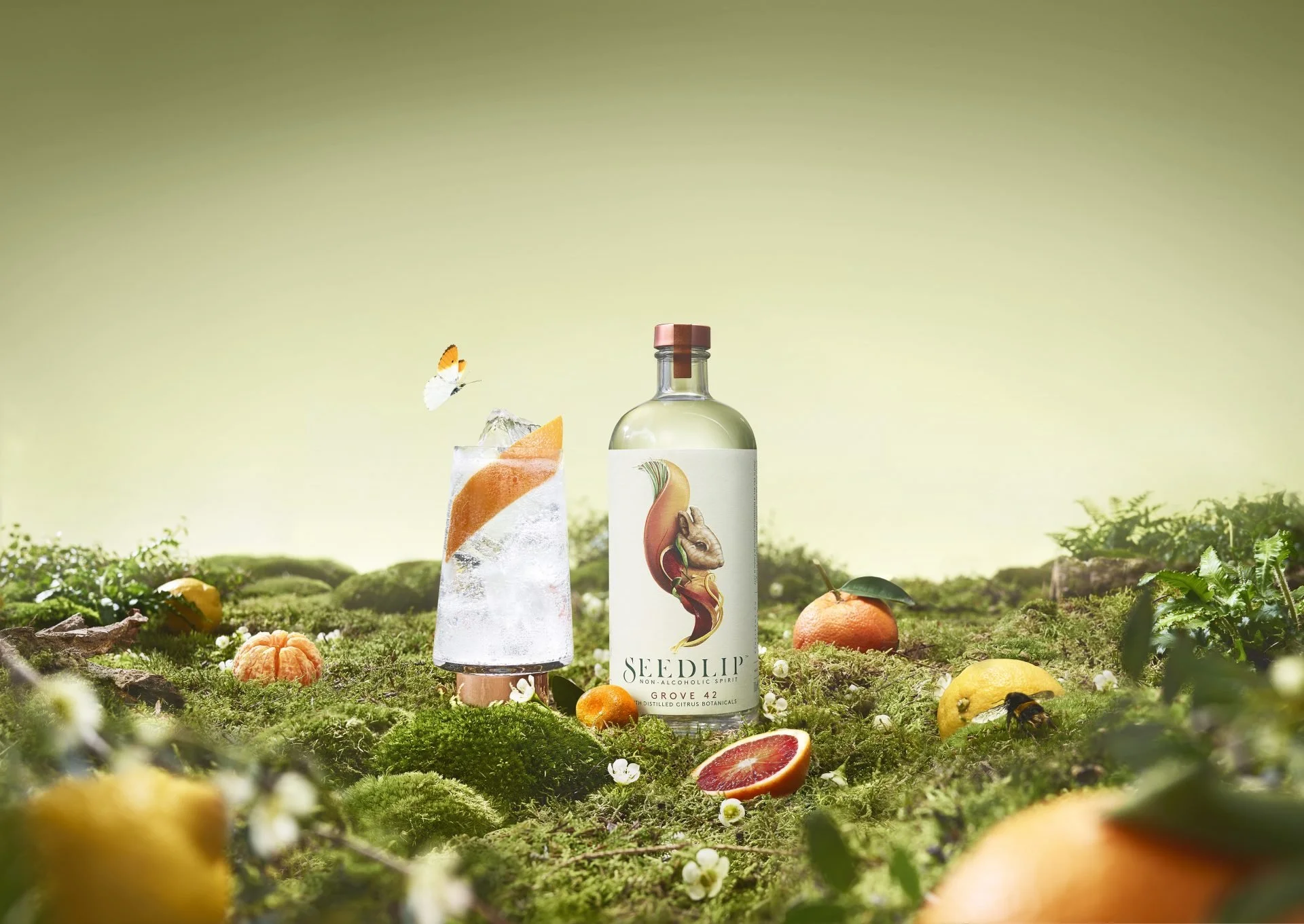 A non-alcoholic spirit bottle labeled Seedlip Grove 42 surrounded by oranges, grapefruits, lemon, and lush greenery in a natural outdoor setting.