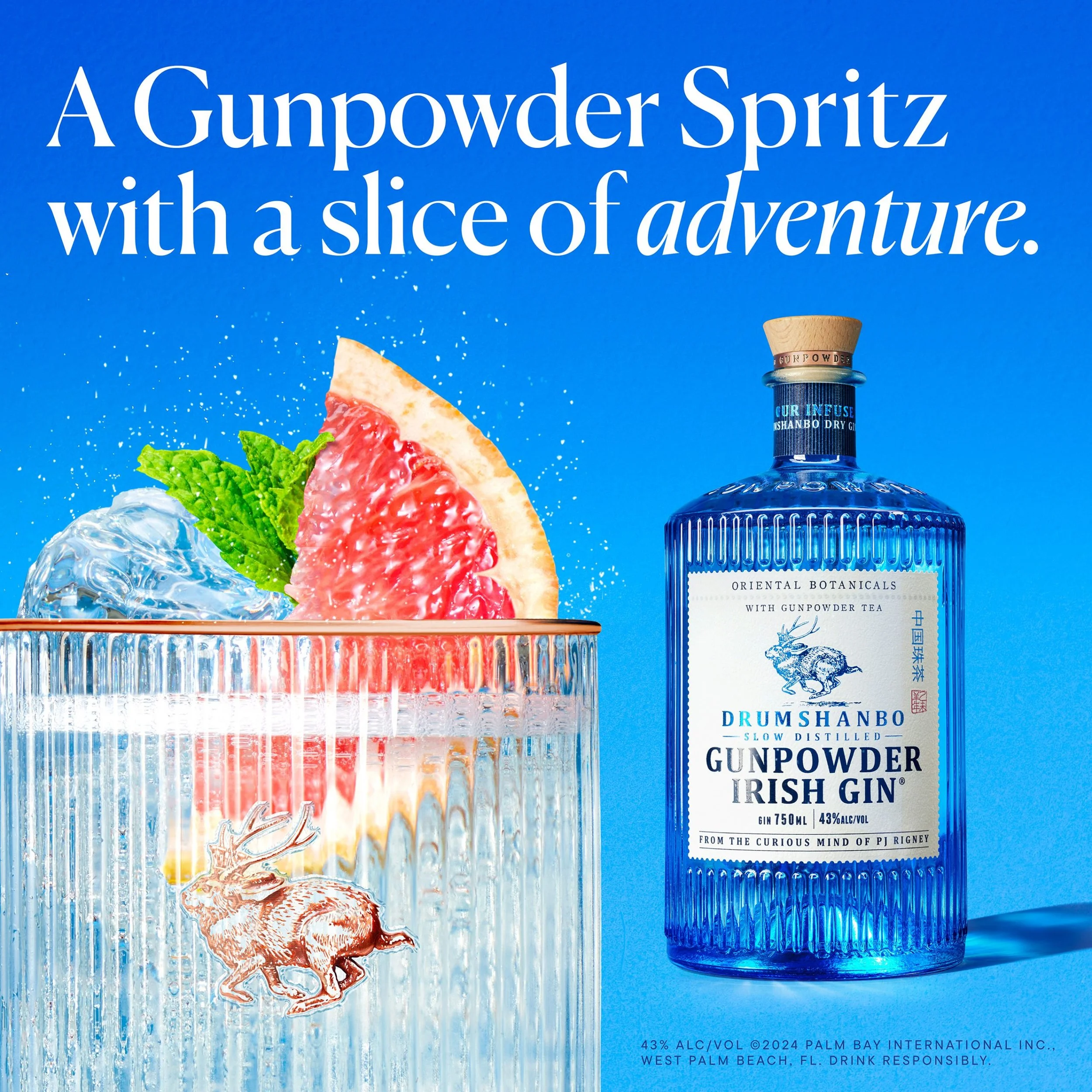 An advertisement for a gunpowder spritz with a slice of adventure. The image features a blue bottle labeled 'Gunpowder Irish Gin', a glass with ice, a slice of lemon, fresh mint, and raspberries, set against a blue background with white text.