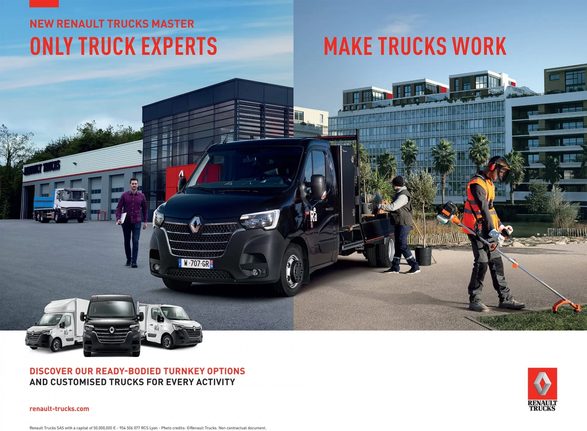 A promotional image for Renault Trucks featuring a black truck and white delivery vans. There are people working around the trucks, including a man walking with a folder, a person loading the truck, and a worker using ground equipment. The background