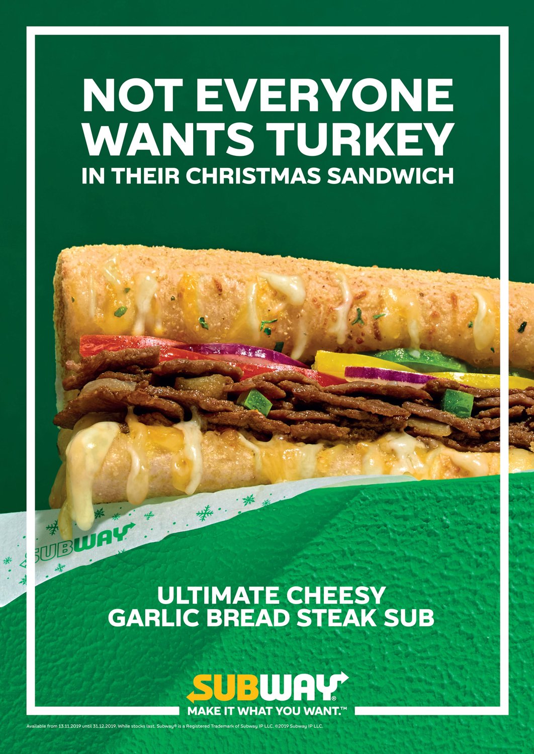 Subway advertisement for a garlic bread steak sandwich with beef, cheese, and vegetables, featuring a large sub sandwich and green background.