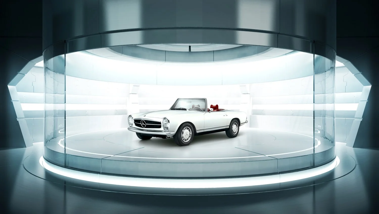 A classic white Mercedes-Benz convertible with red interior, displayed in a futuristic, white circular showroom with glass walls and modern lighting.