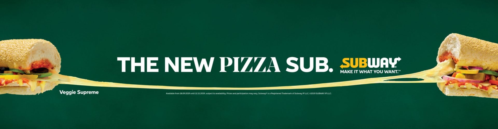 A Subway advertisement featuring a sandwich with cheese stretching between two halves. The sandwich includes vegetables and the text "The New Pizza Sub" and "Veggie Supreme."