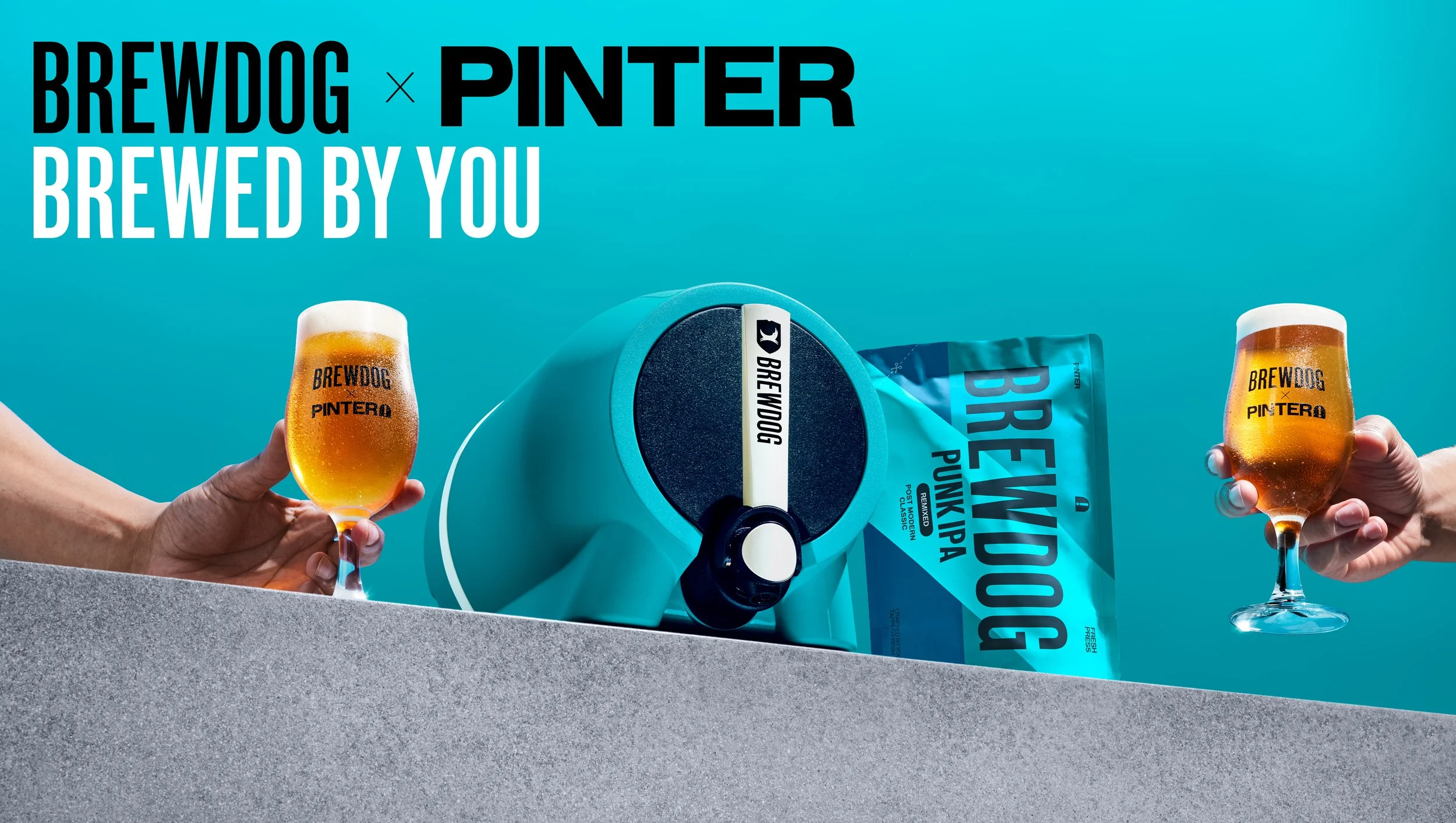 Two hands each holding a glass of beer with a BrewDog x Pintura logo on the glass, along with BrewDog x Pintura branding on a bag and a piece of equipment, set against a bright blue background with text 'BrewDog x Pintura Brewed by You'.