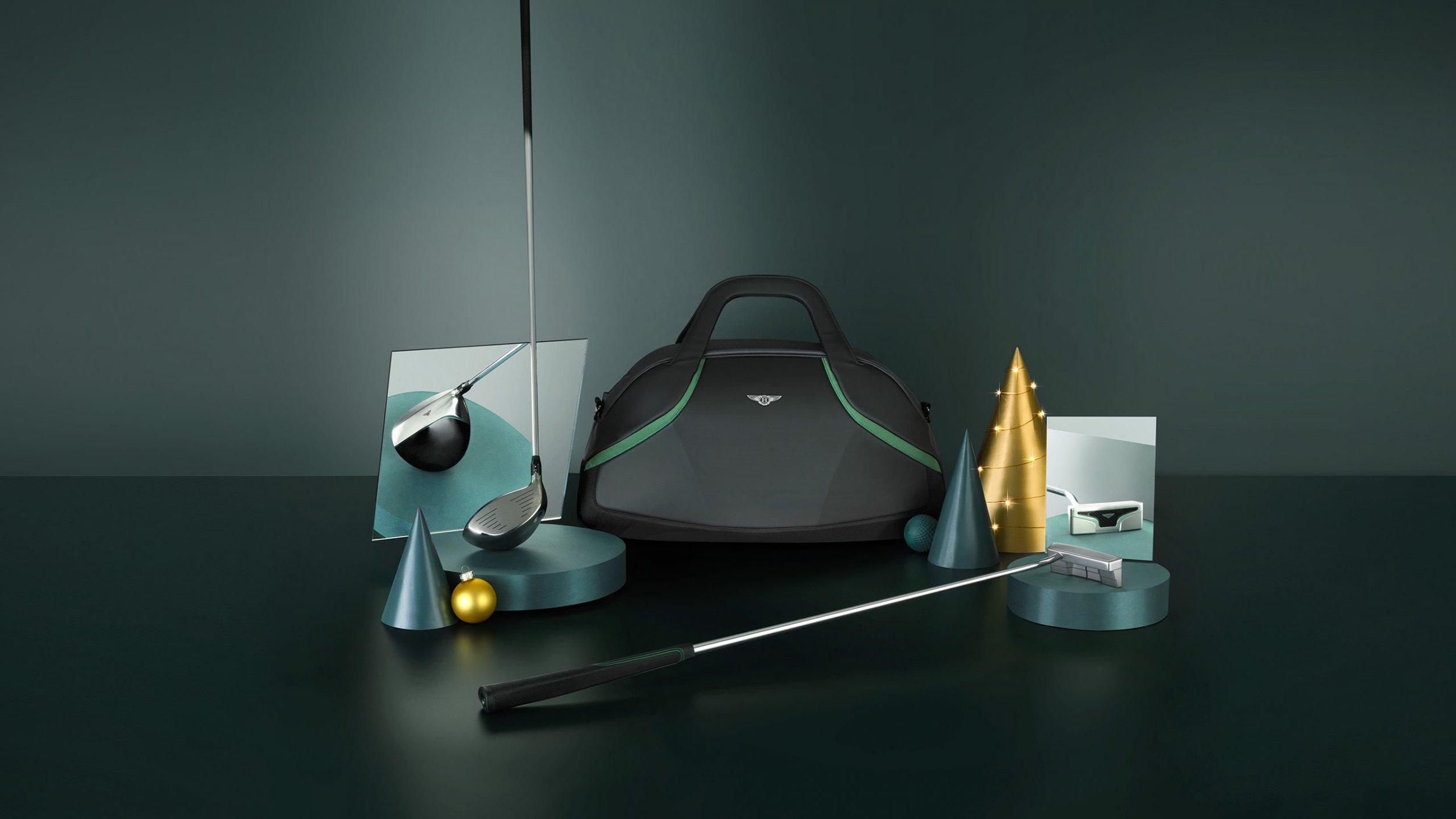 A black and green golf bag surrounded by golf equipment and decorative objects, including golf clubs, mirrors, cones, a golf ball, a gold cone, a small white robotic golf ball, and colorful geometric shapes, arranged on a dark surface against a dark 