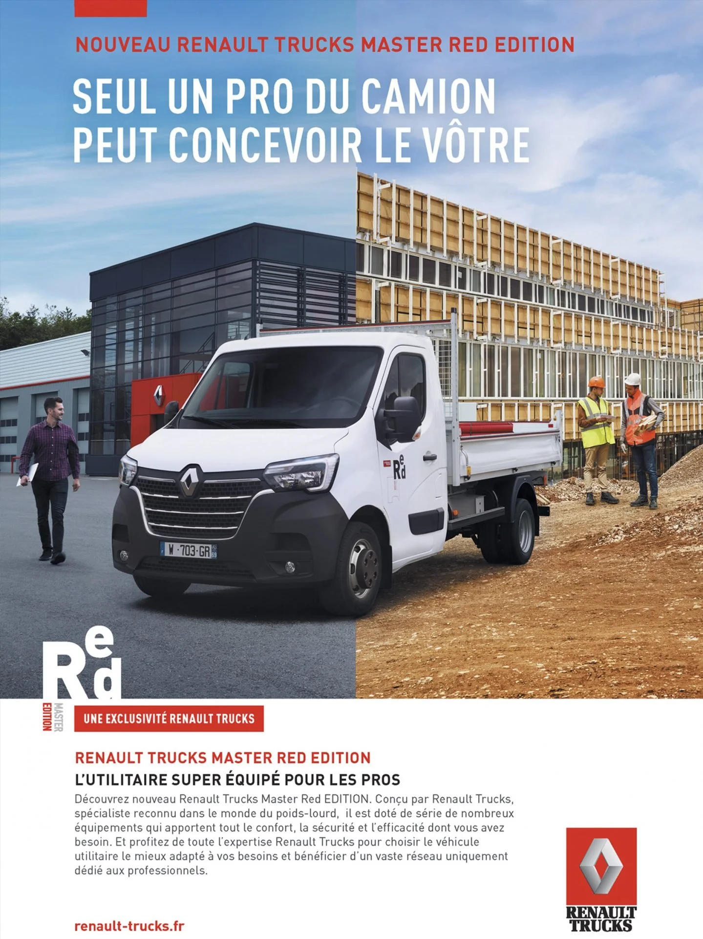 Brochure cover for Renault Trucks Master Red Edition featuring a split image of a construction site with a white Renault truck on the left and a building under construction with workers on the right.