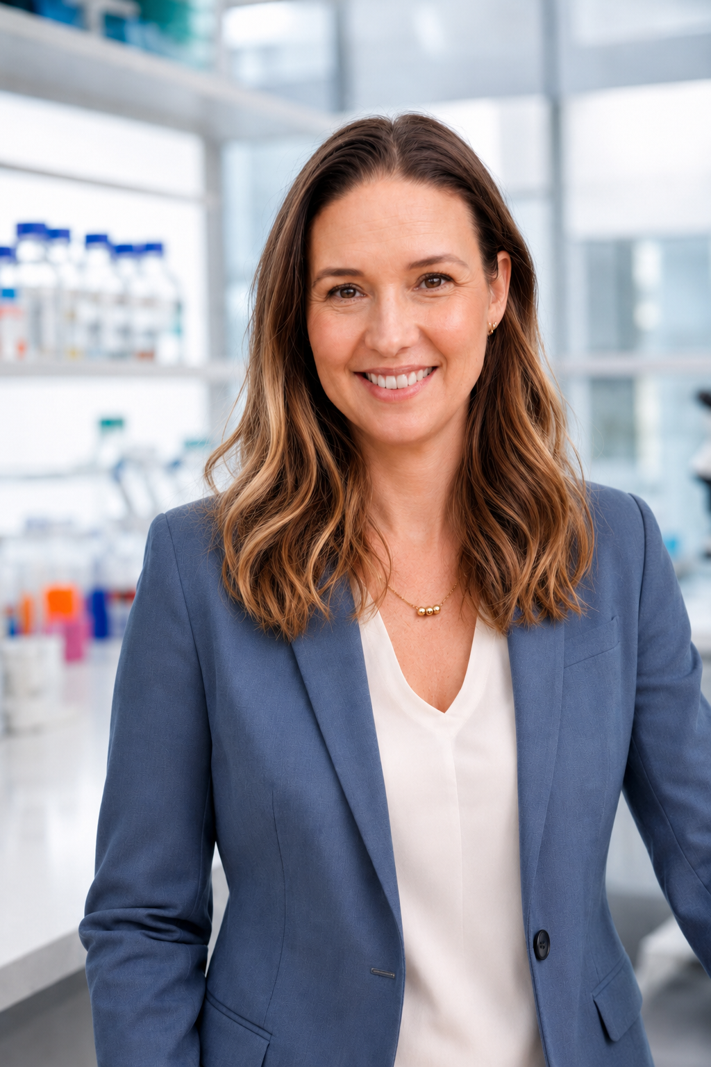 A smiling woman with shoulder-length brown hair, wearing a blue blazer and white blouse, standing in a laboratory with shelves of laboratory supplies in the background.