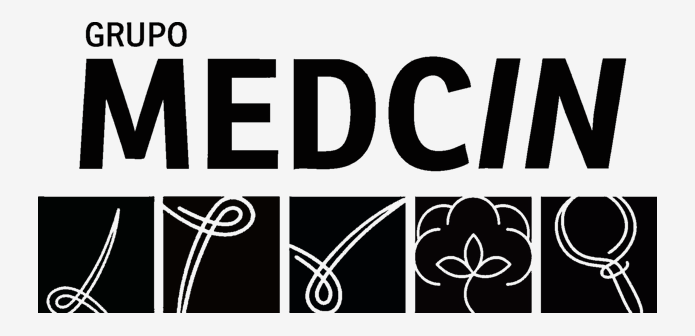 Logo for Grupo Medcin featuring the name in bold black letters and six decorative symbols in black and white.