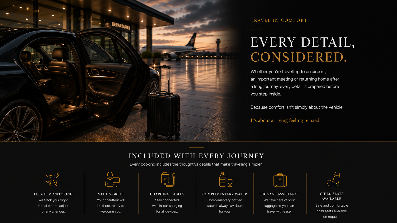 Executive chauffeur vehicle providing premium airport transfers with luggage assistance and meet-and-greet services across Bournemouth, Dorset and the South Coast.