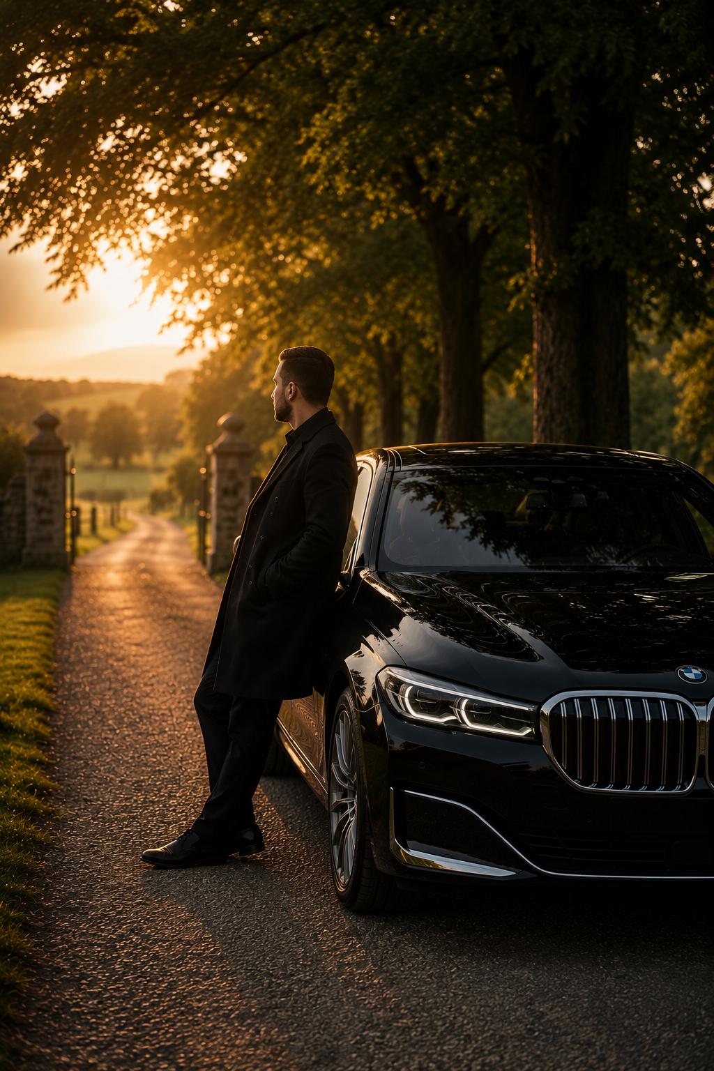 Professional chauffeur beside a BMW executive vehicle, representing reliable private travel and executive chauffeur services.