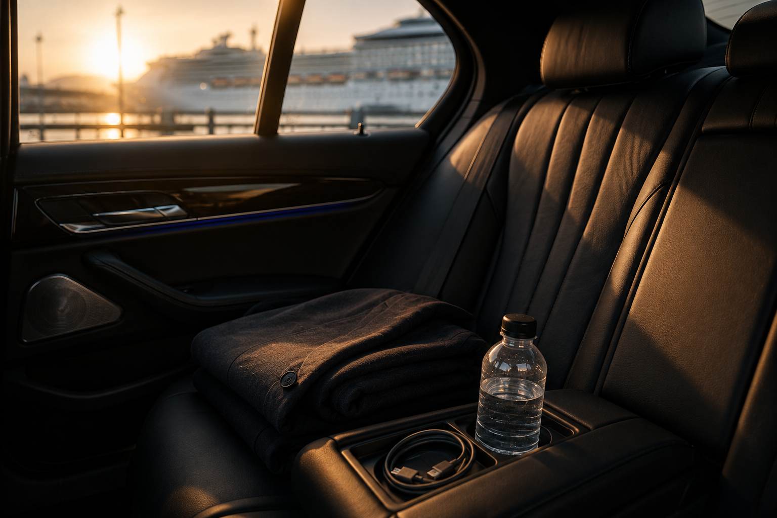 Inside a luxury car showing the back seat with a folded blanket, water bottle, and charging cable. The window reveals a sunset and a large cruise ship docked outside.