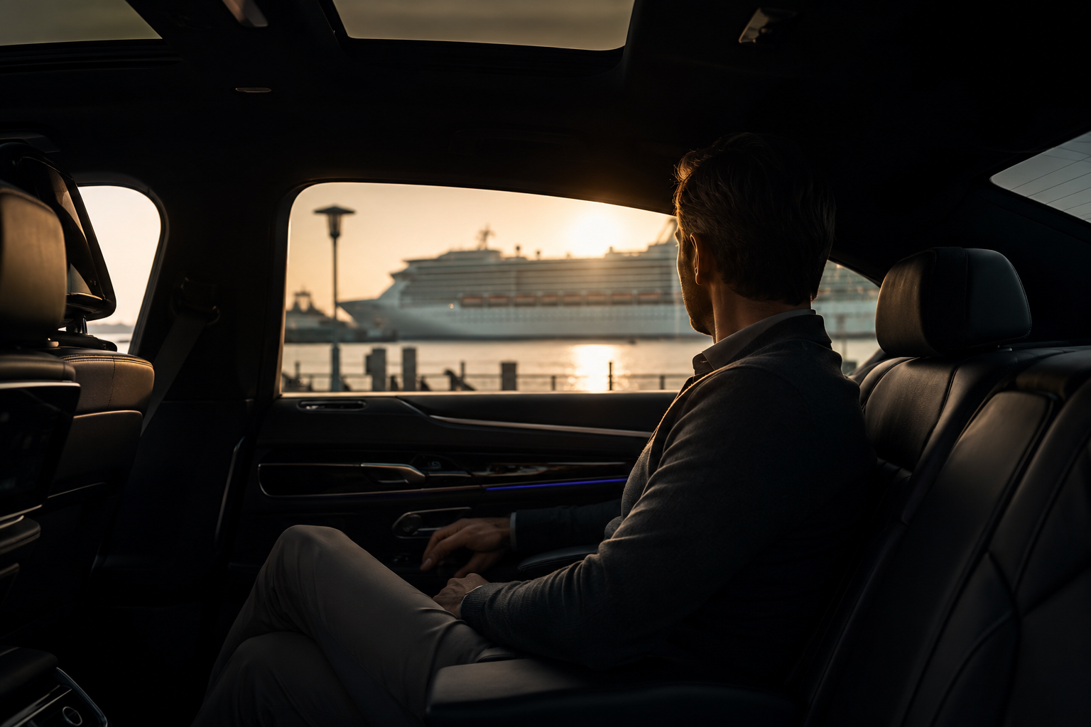 A man sitting in the back seat of a car, looking out the window at a harbor with a large cruise ship docked during sunset.