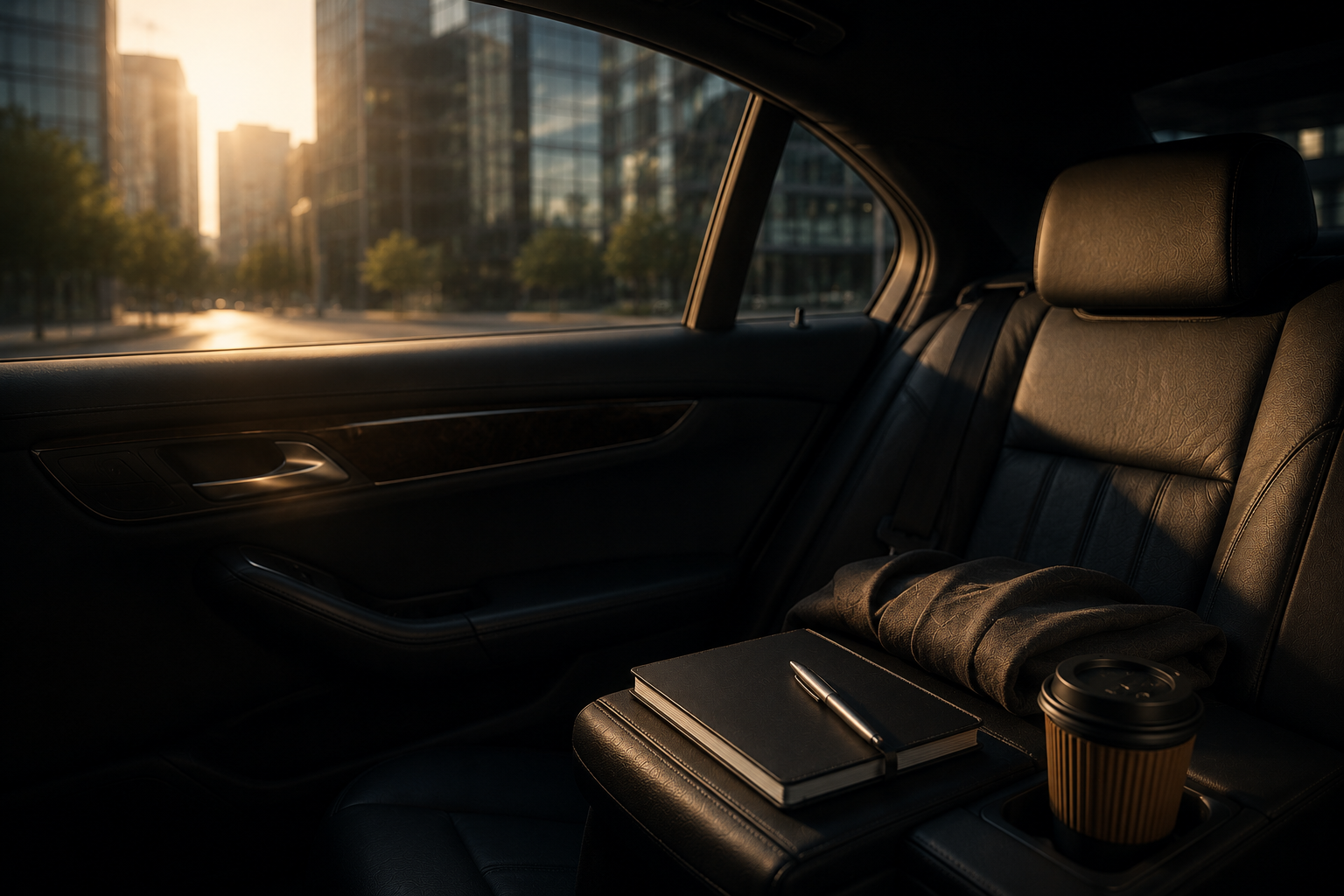 Private executive chauffeur interior prepared for business travel, offering a calm and comfortable space to focus before an important meeting.