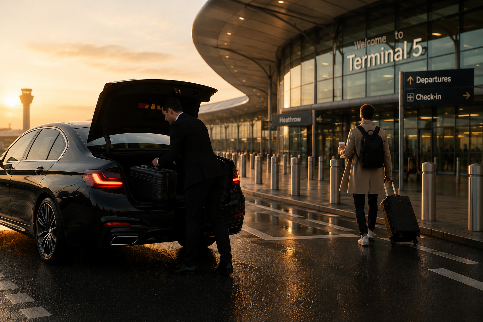 Two people at an airport, one loading luggage into a black car, the other walking with a suitcase outside Terminal 5 during sunset.