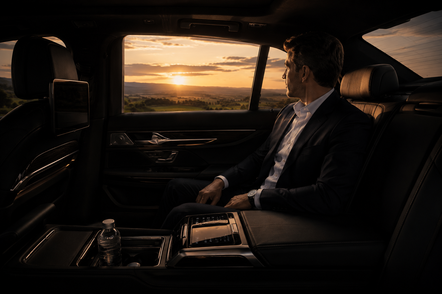 A man in a suit sitting in the backseat of a luxury car, looking out the window at a sunset over a rural landscape.