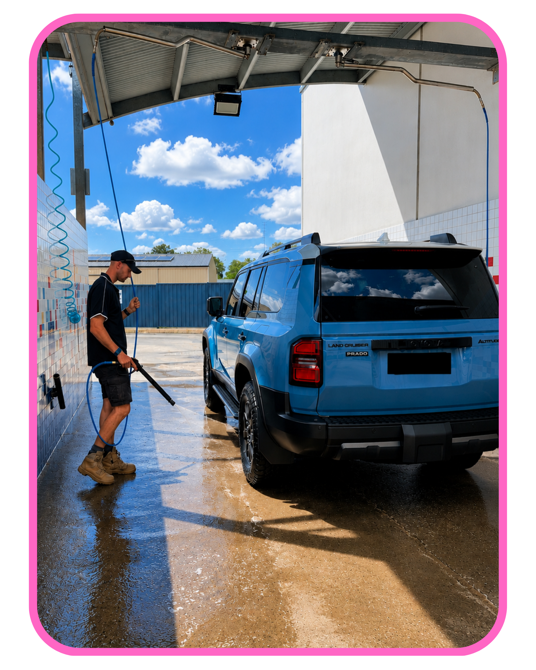 A man washing a black Toyota Land Cruiser Prado SUV at a self-service wash station with blue hoses and soap suds on the ground.