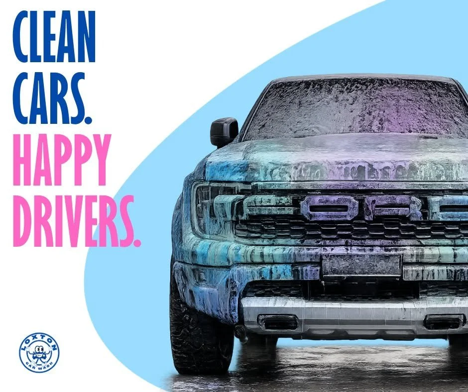 An image of a truck with a clean, icy appearance, accompanied by the text 'CLEAN CARS. HAPPY DRIVERS.' with the Loxton Car Wash logo in the bottom left corner.