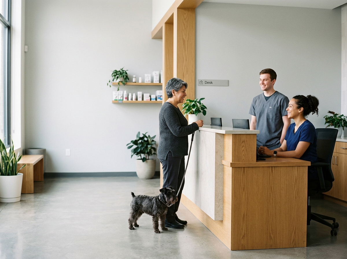 A woman with a dog at a reception counter talking to two staff members in medical uniforms at the front desk of a modern healthcare facility or clinic. The space is bright with natural light, and there are plants on the shelves and floor.