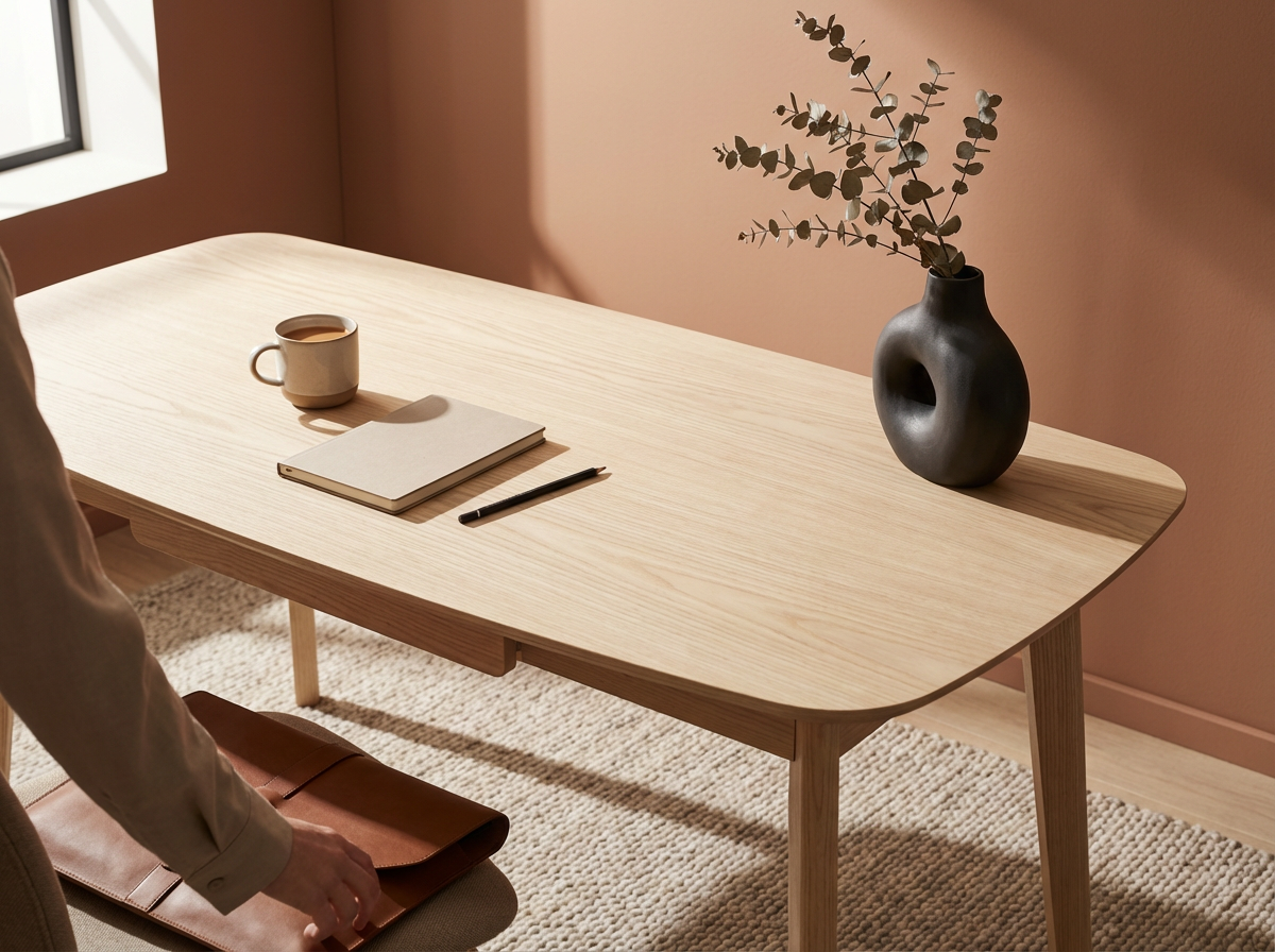 A minimalist wooden table with a white notebook, a black pen, a white mug, and a black vase with green leafy branches. A window is partially visible on the left, and a person is reaching for a brown leather bag.