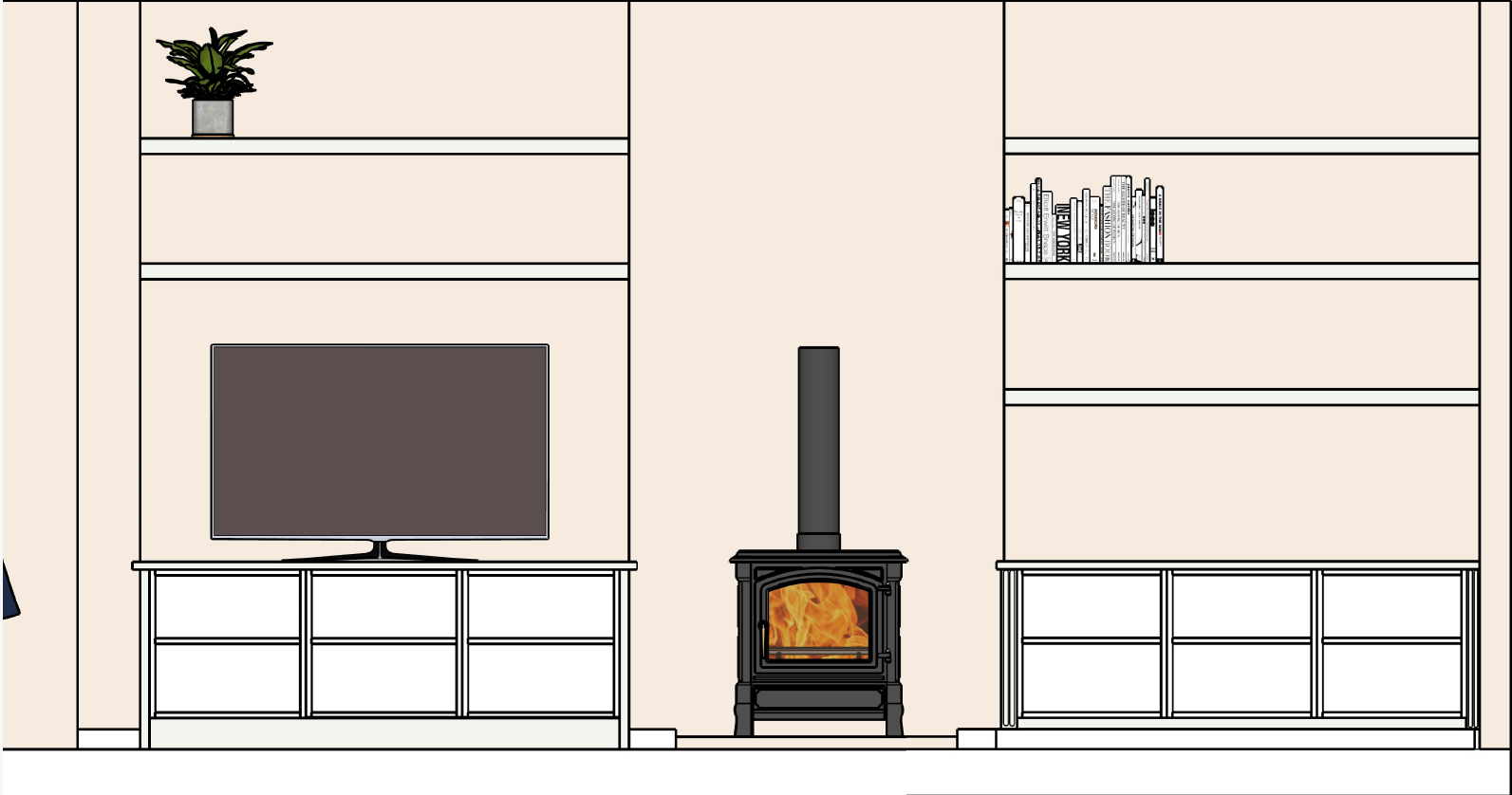 A living room wall with shelves, a flat-screen TV, a wood stove with flames, a potted plant on the top shelf, and a bookshelf with books.