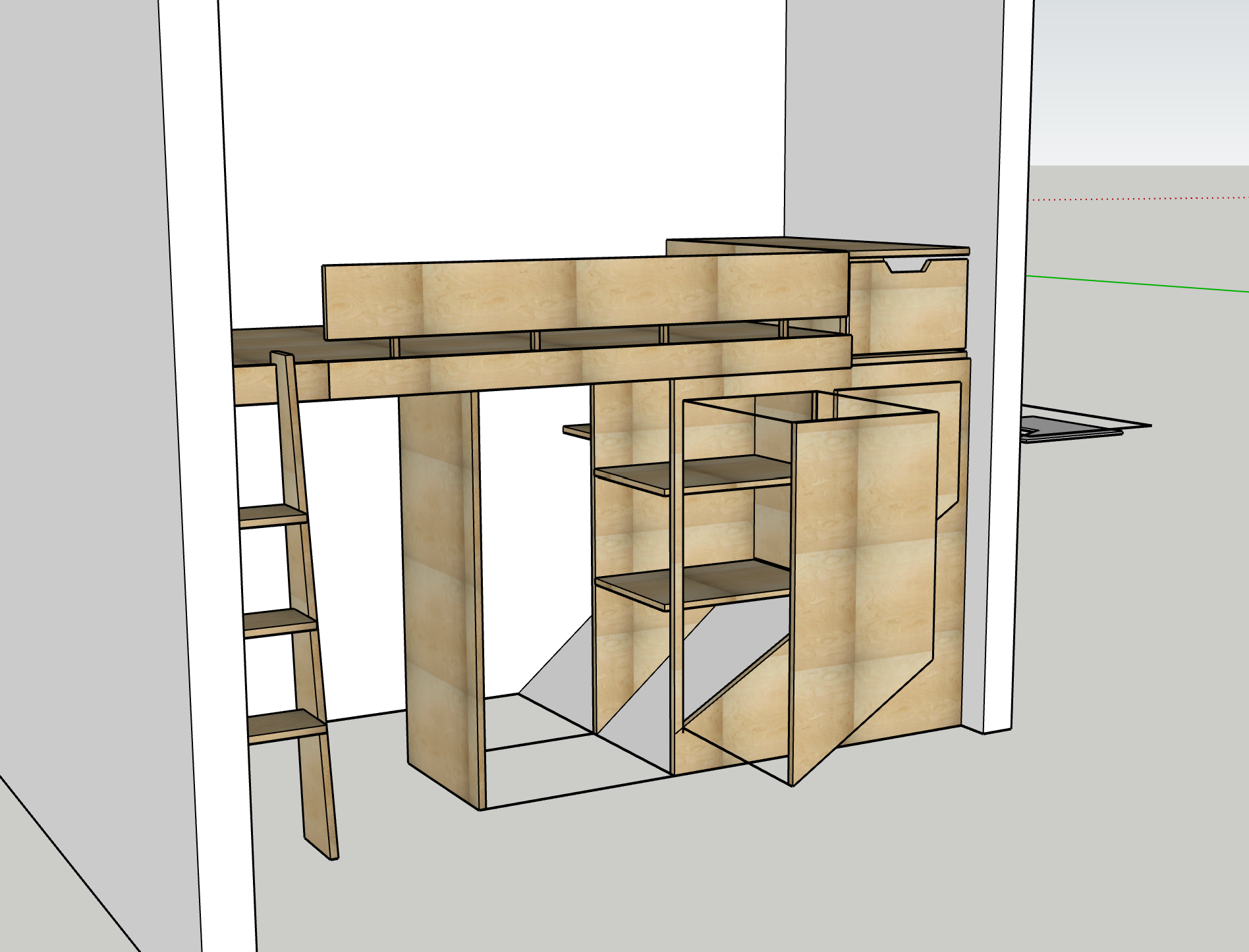 3D model of a wooden custom storage unit with open shelves, compartments, and a drawer, installed in a room with white walls and a ladder on the left side.
