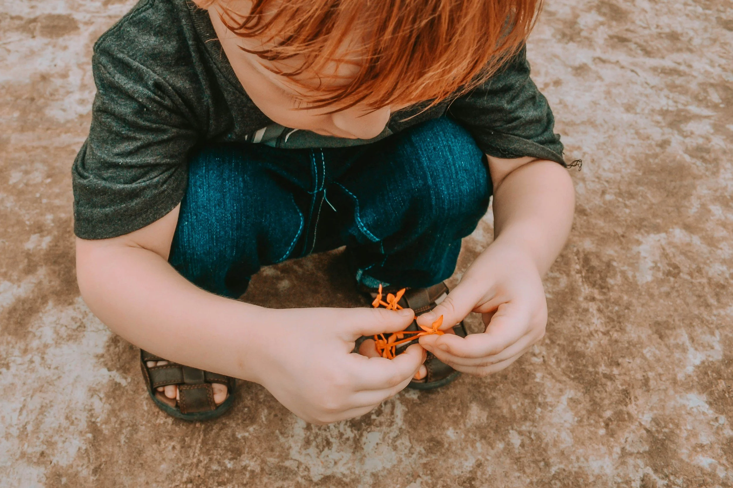 Child gently exploring a flower in a natural outdoor environment.