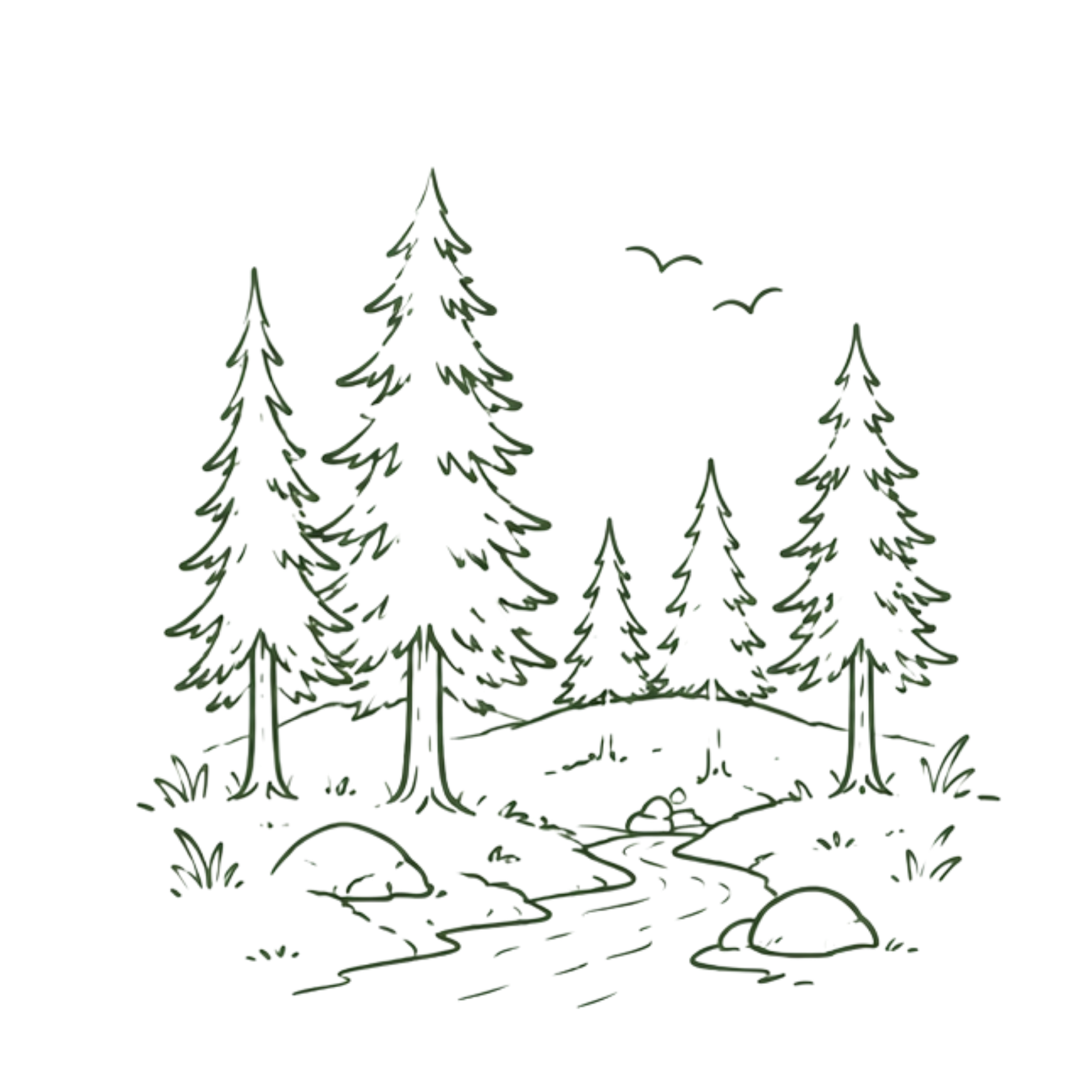 Line drawing of three pine trees with a log and fence in the background