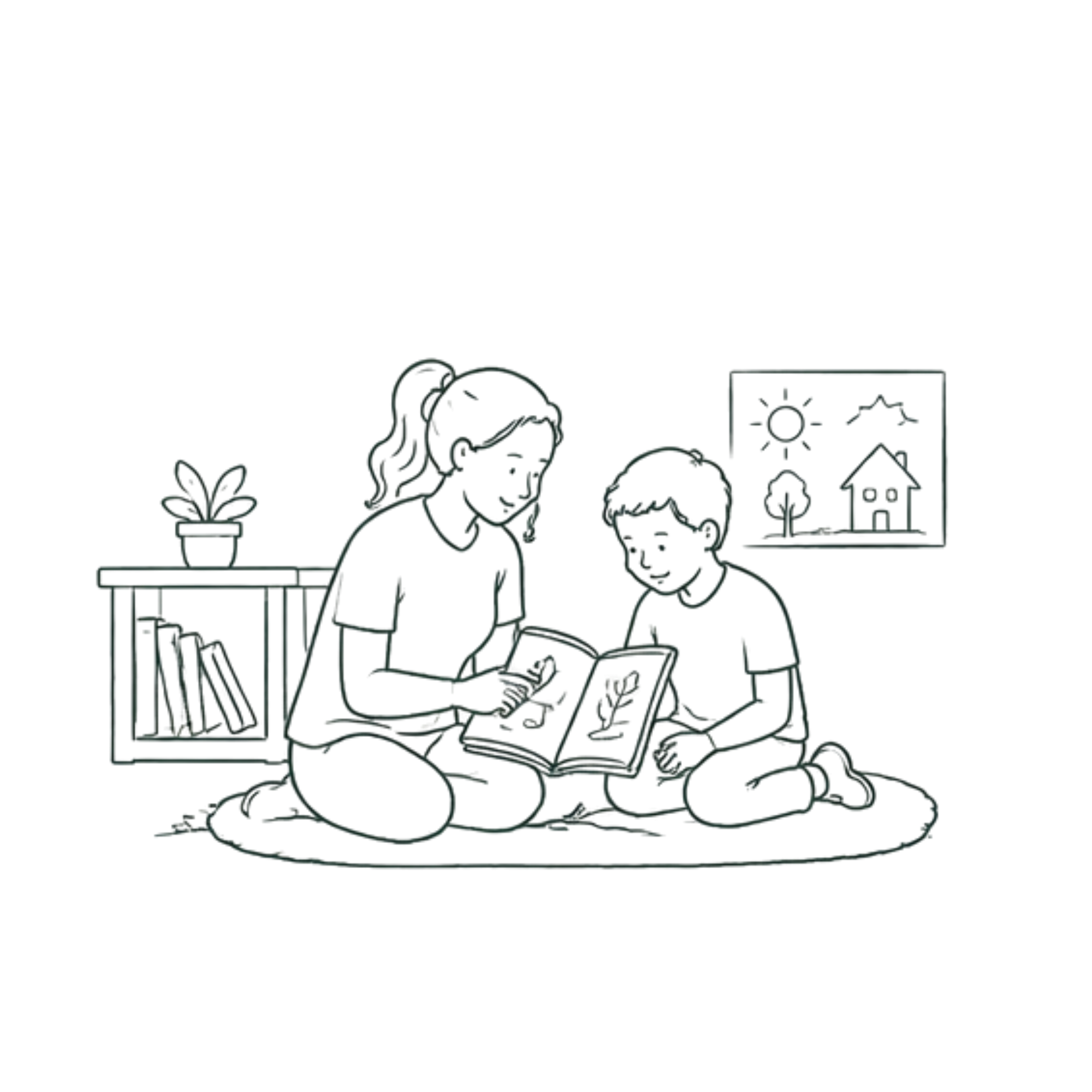 Illustration of a pediatric occupational therapist collaborating with a child at school.