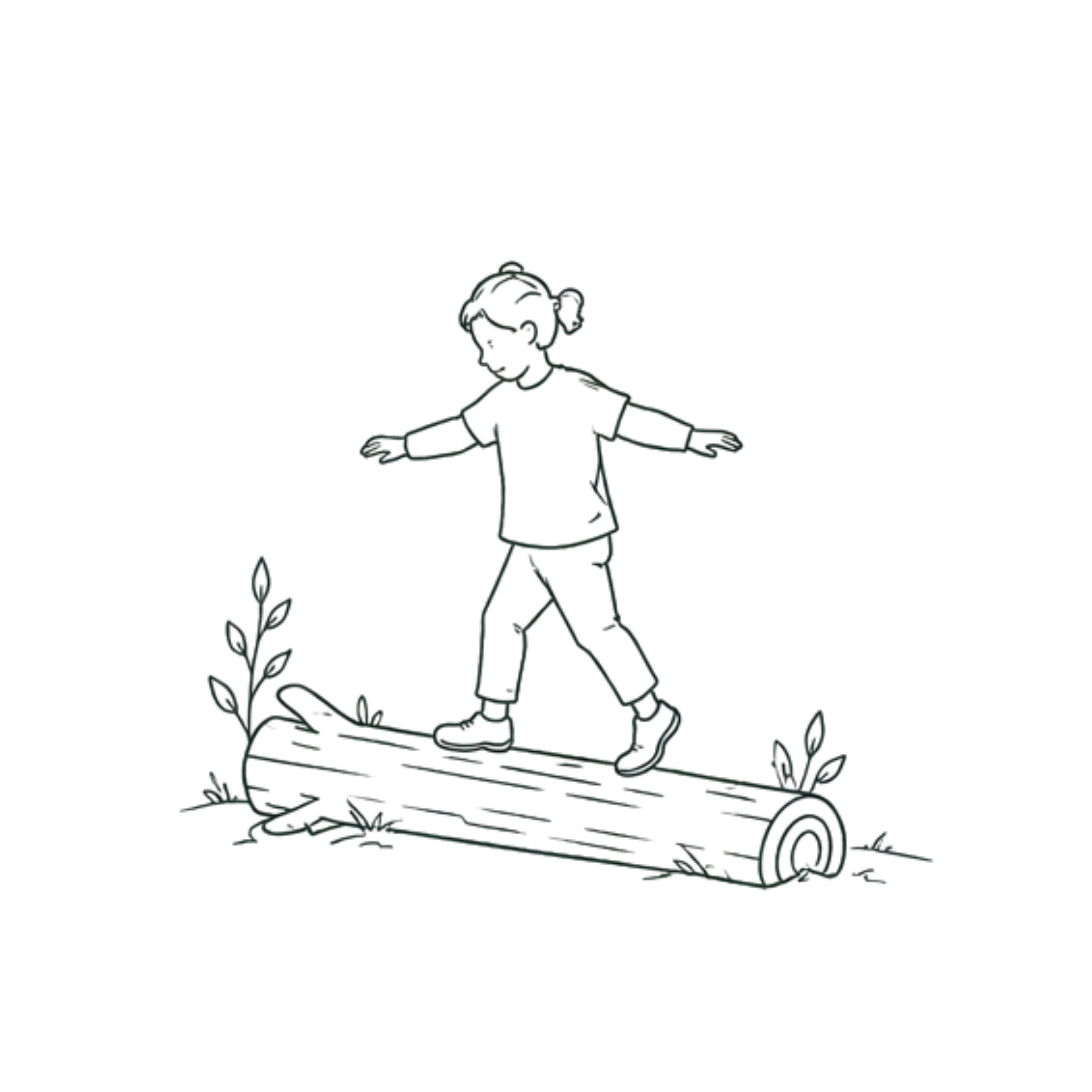 Illustration of a child balancing on a log during nature-based pediatric occupational therapy.