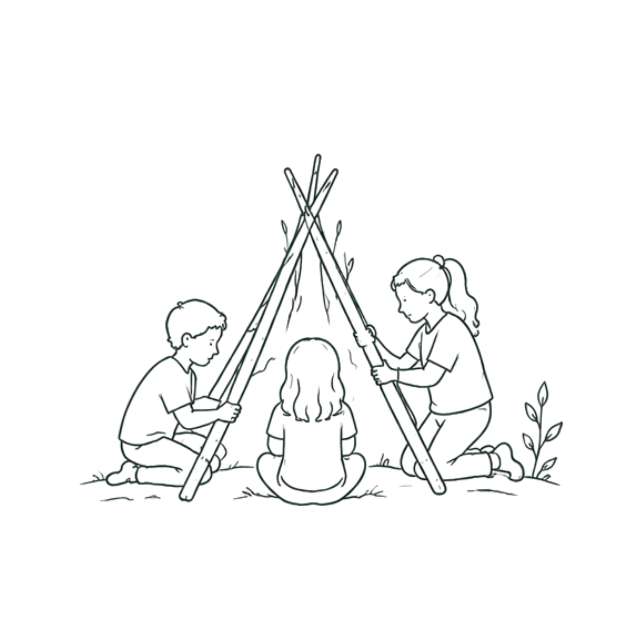 Illustration of children building a fort during an occupational therapy supported nature play group.