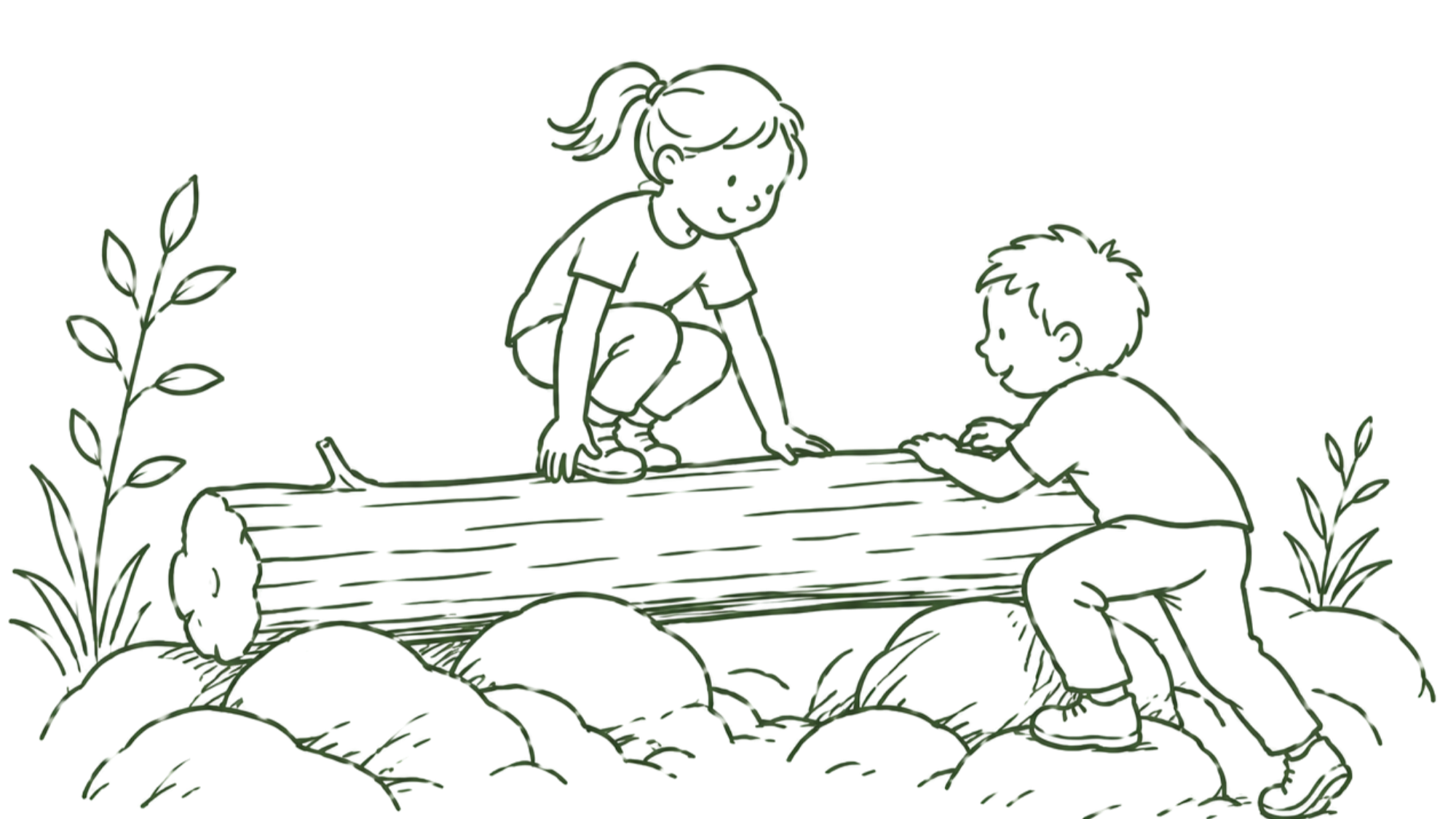 Drawing of two children on a park bench, with plants around them. One child, a girl with a ponytail, is sitting on the bench, and the other, a boy, is kneeling on the ground and reaching up.