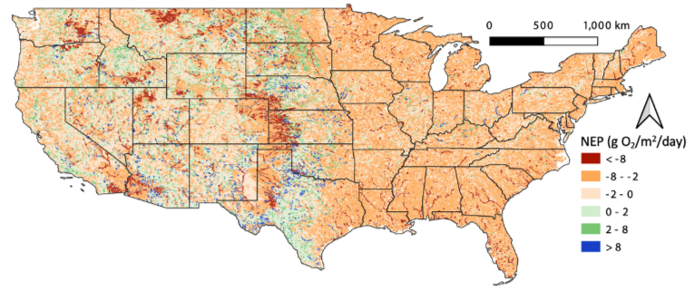 A map of the United States showing nitrogen oxides (NEP) emissions categorized by color. Red areas emit less than -8 g O2/m2/day, orange -8 to -2, light orange -2 to 0, light green 0 to 2, darker green 2 to 8, and blue more than 8.
