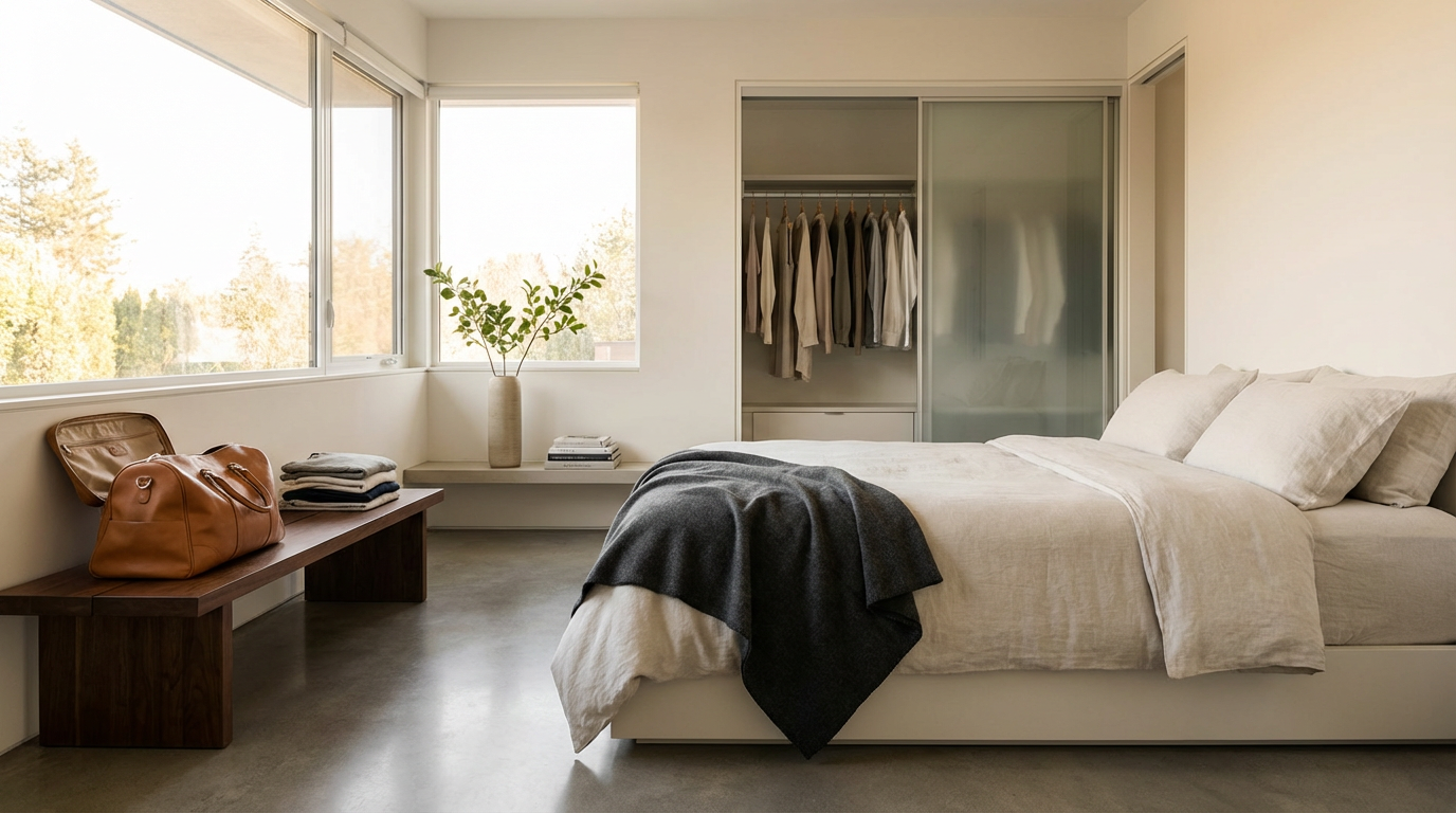 Minimalist bedroom with a large bed, pillows, a dark blanket, a wooden bench with a leather bag and stacked clothes, a window showing trees outside, an indoor plant, and an open closet with hanging clothes.