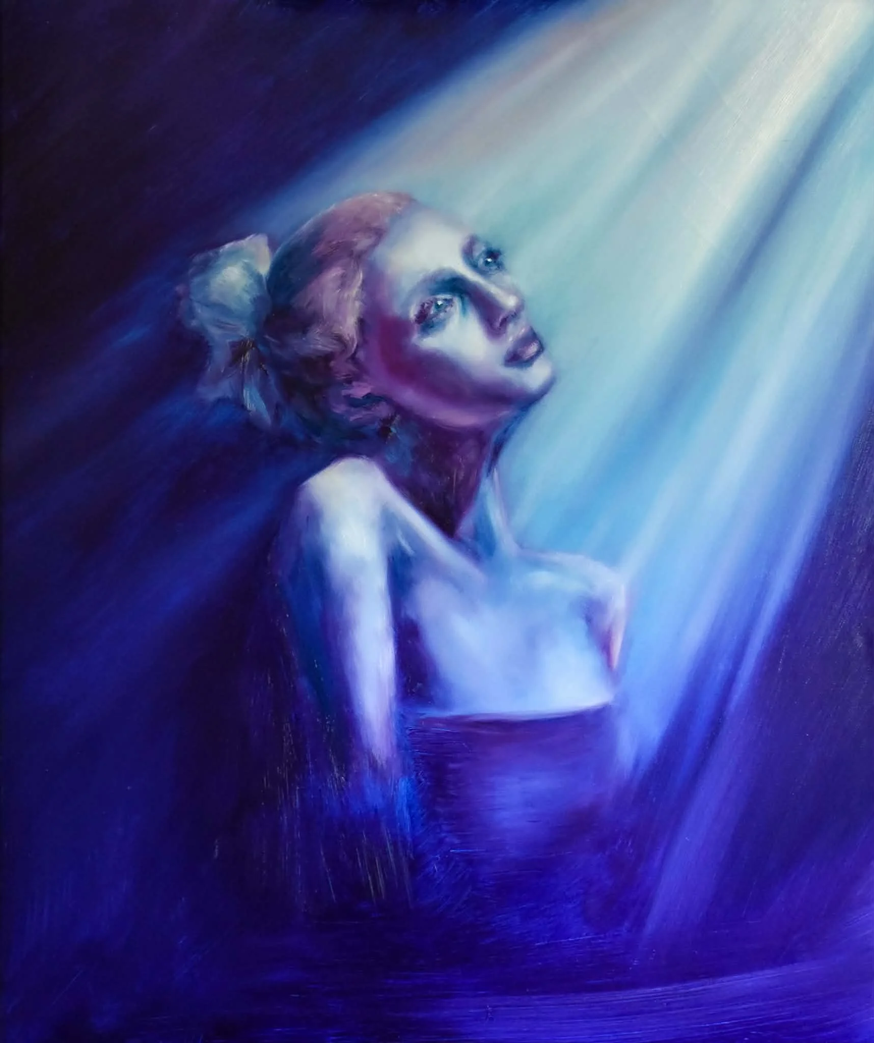 A surreal painting of a woman with reddish hair and blue eyes gazing upward, illuminated by rays of light against a dark background with shades of deep blue and purple.