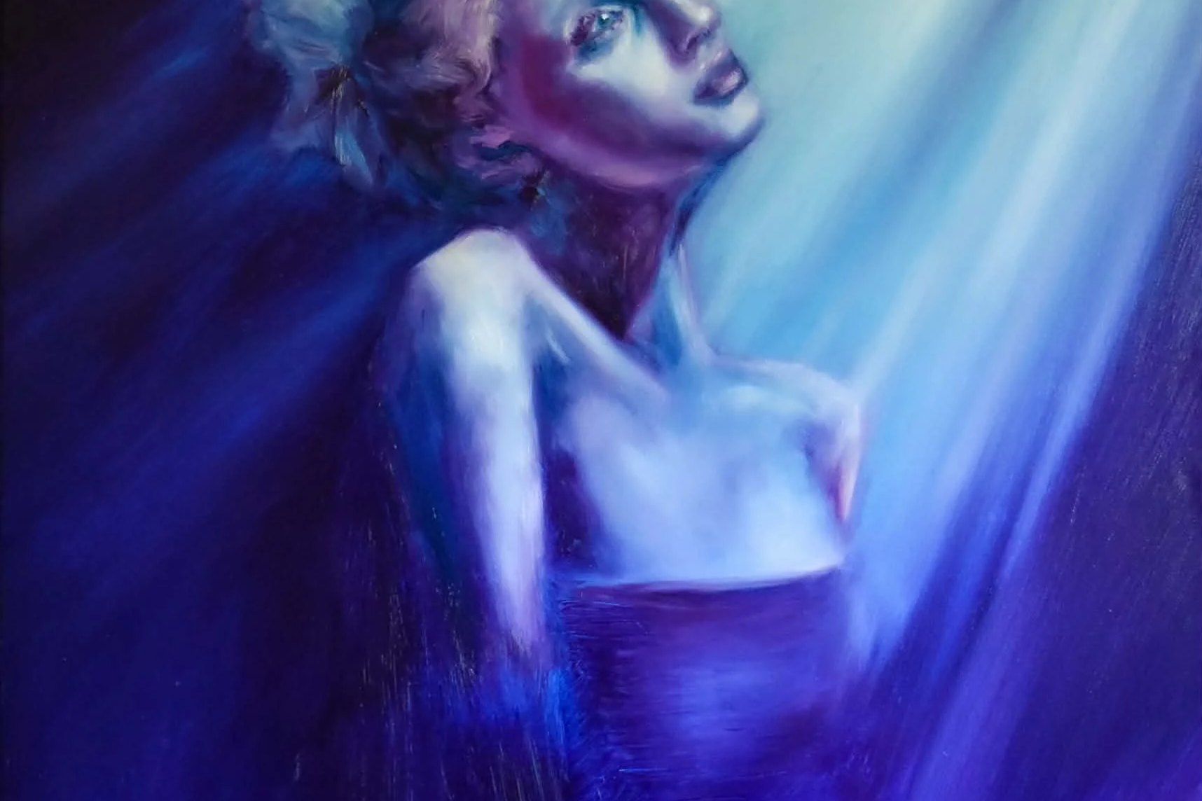 A painting of a woman with her hair up looking up with a quiet sorrowful expression, illuminated by blue and purple light, revealing her shoulder and upper chest.