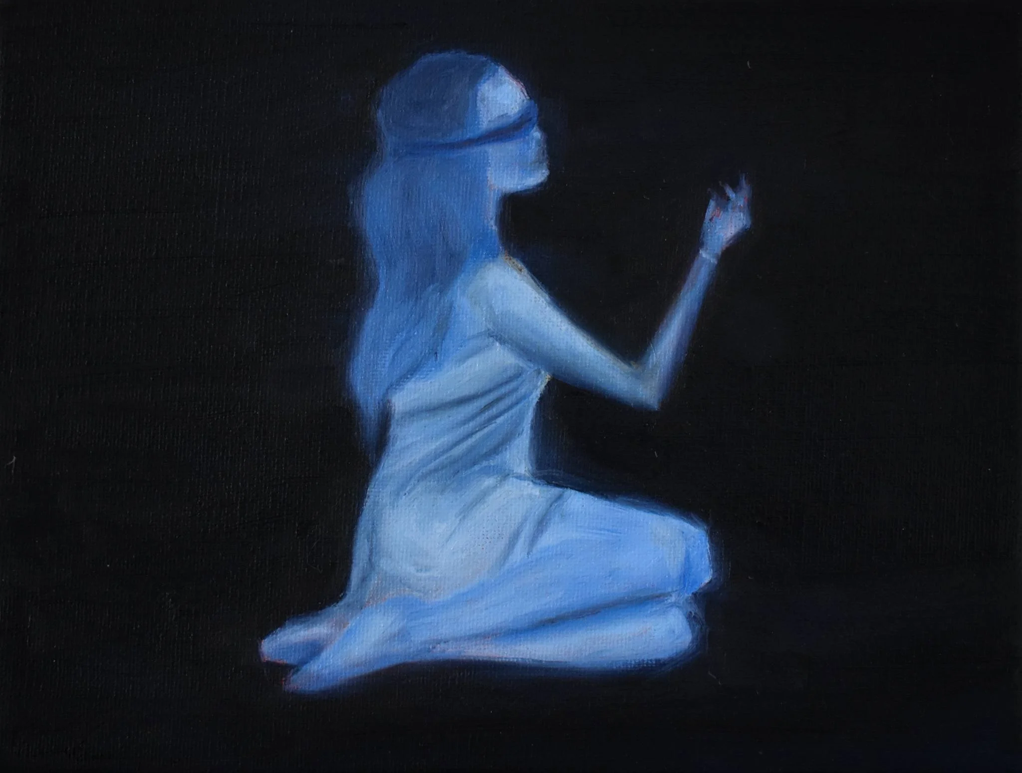 A painting of a blindfolded woman sitting in a cross-legged position against a dark background.