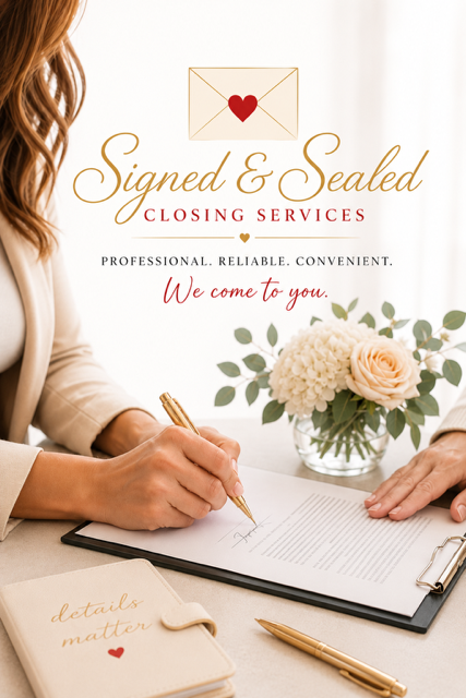 A woman signing a document on a table with flowers, a pen, and a notebook that says 'details matter' nearby. The background has a sign for 'Signed & Sealed Closing Services' with a heart in an envelope, emphasizing professional and reliable service.