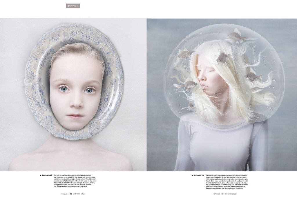 Twee foto's: links een jong vrouwelijk gezicht omringd door een glazen kom, rechts een vrouw met een grote haringsbeker om haar hoofd en haringen die door de beker naar buiten komen.