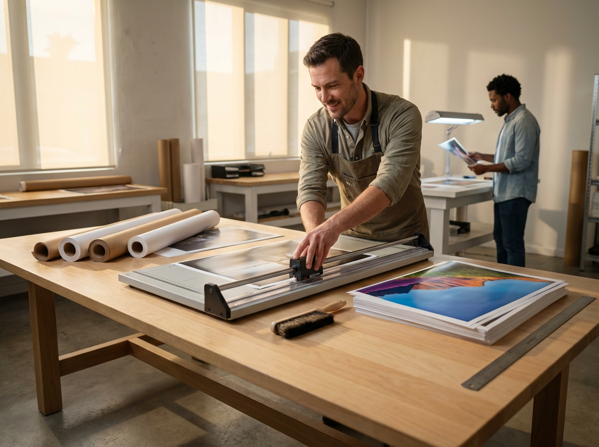 Man snijdt een groot poster of foto met een papierknipper in een atelier, terwijl een andere man op de achtergrond een tablet bekijkt.