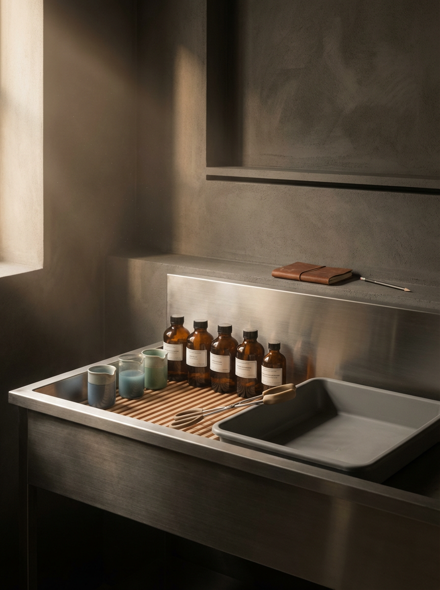 Een industriële, minimalistische wasbak met vijf bruin glazen apothekersflessen, drie bekers en een riem op een houten mat. Op de muur boven de wasbak ligt een potlood en een leren notitieboek.